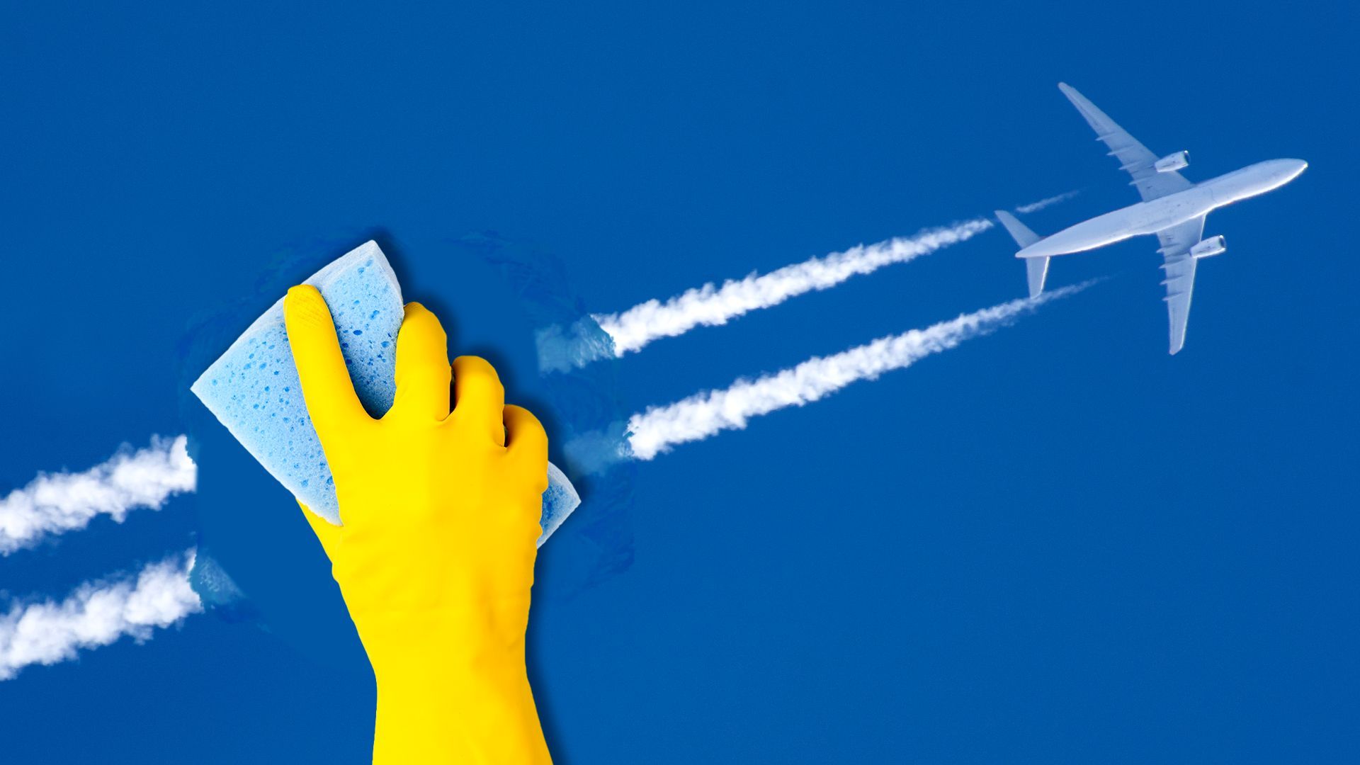 Illustration of a gloved hand scrubbing an airplane contrail with a sponge