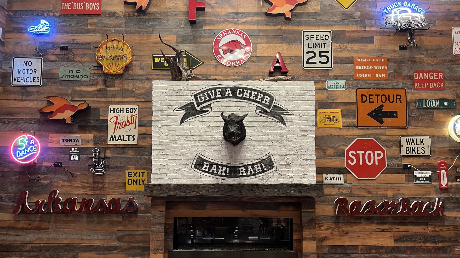 arkansas hotel lobby filled with signs