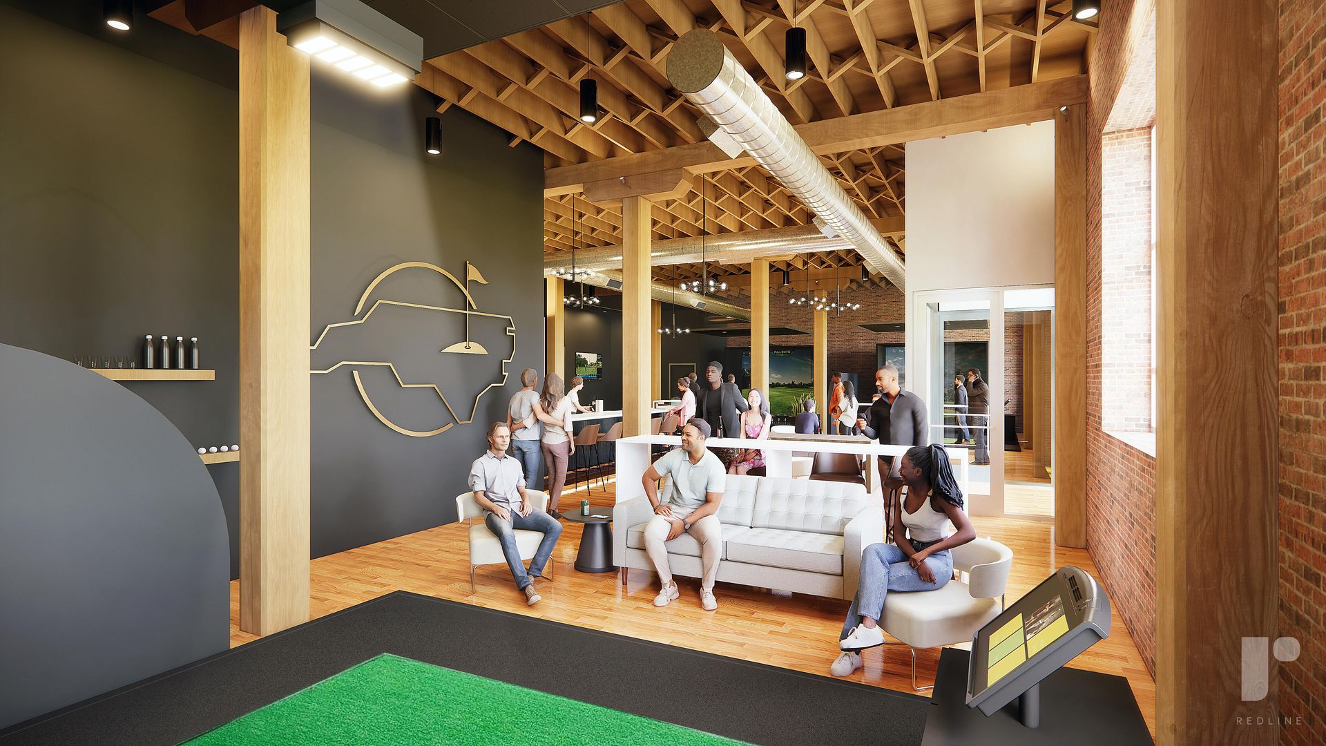 A rendering of a golf simulator bar