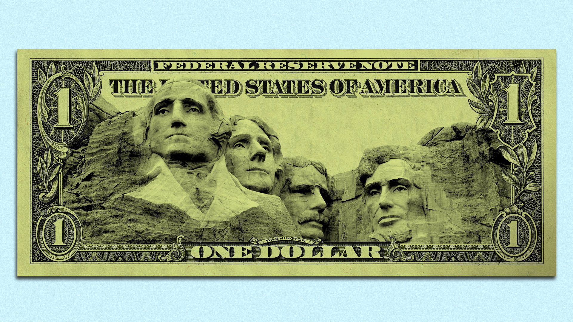 Illustration of a dollar bill with Mount Rushmore on it