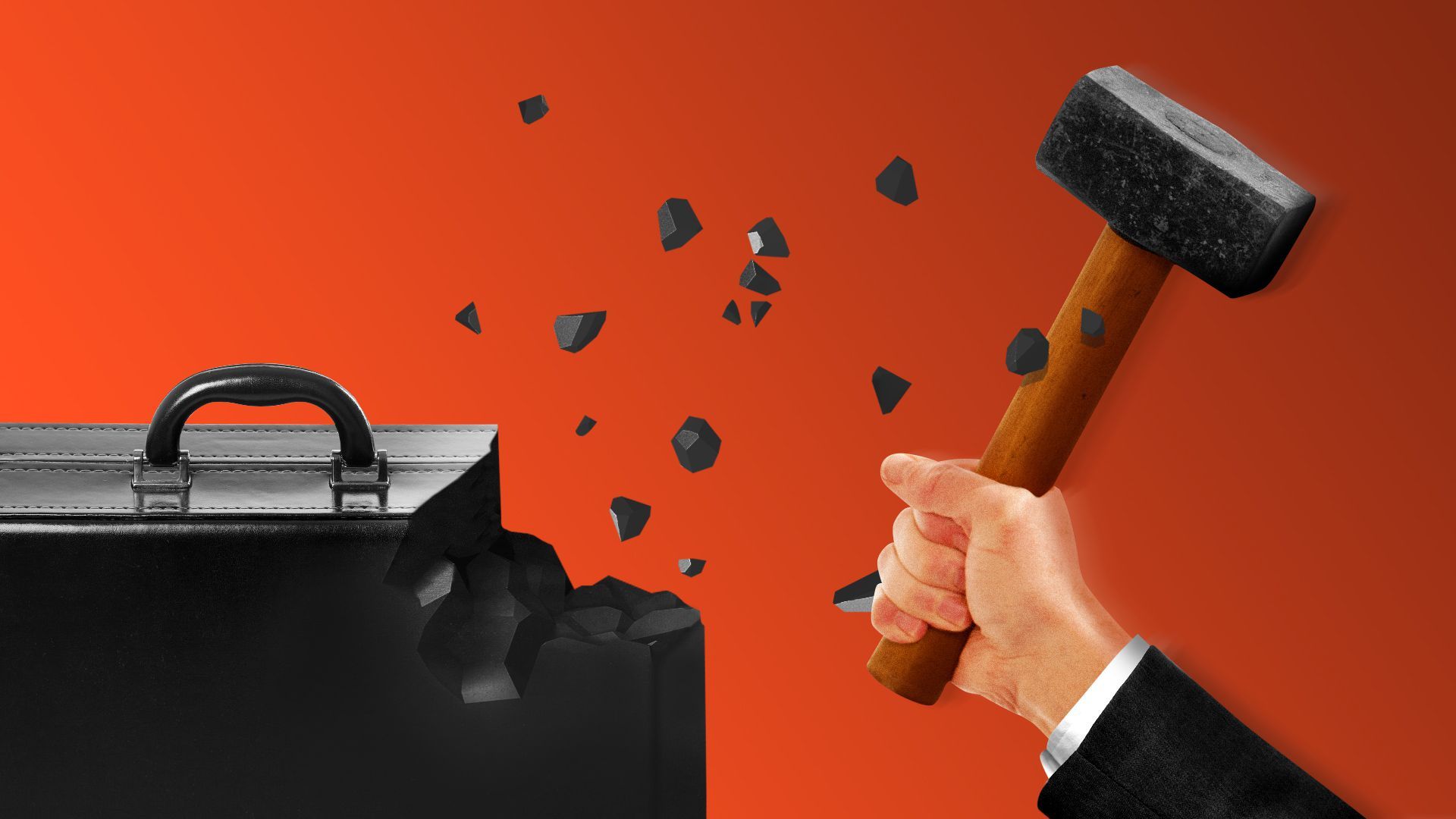 Illustration of a hand holding a hammer breaking away pieces of a briefcase. 