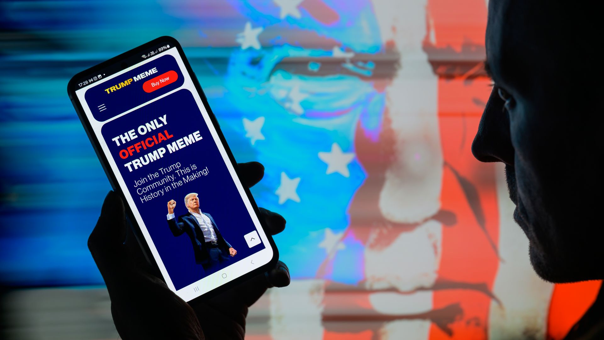 The Trump meme crypto coin web page is displayed on a mobile screen.