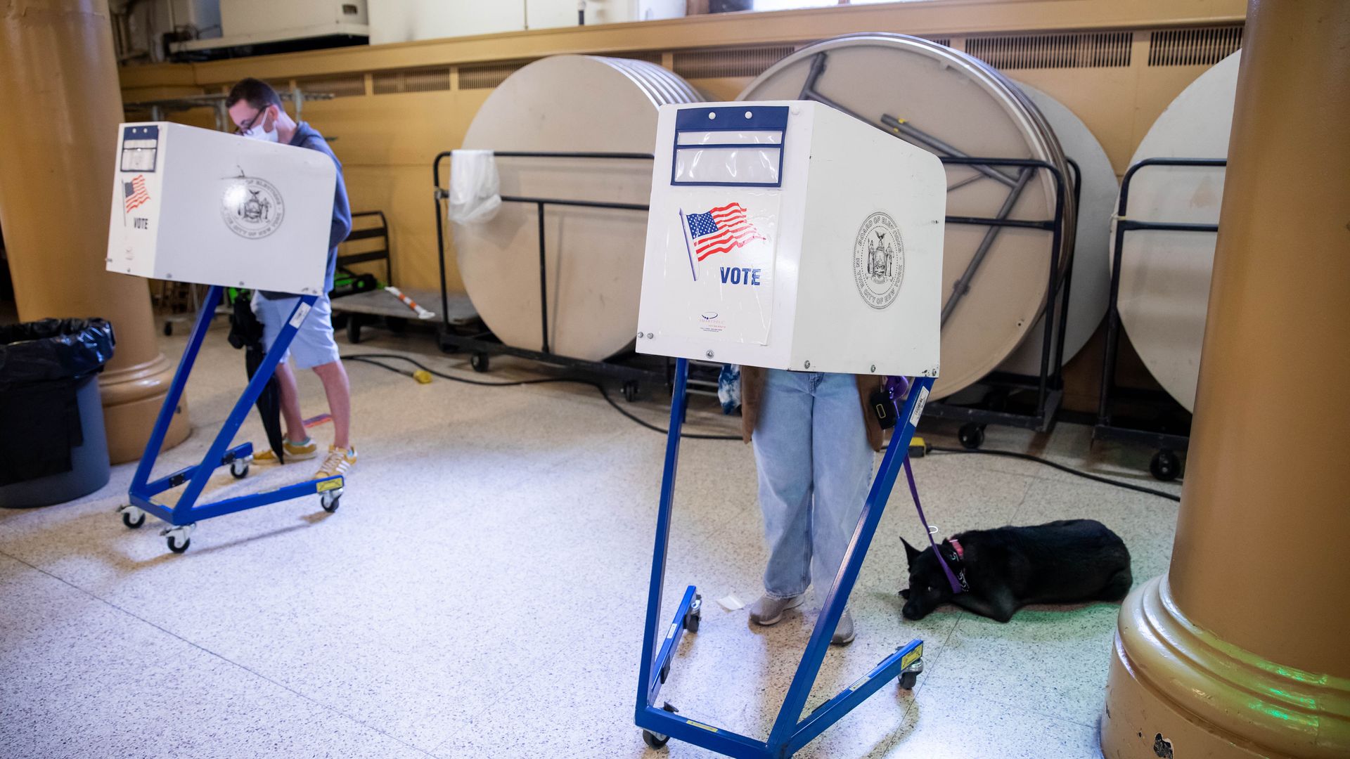 Photo of two people standing behind white voting booths