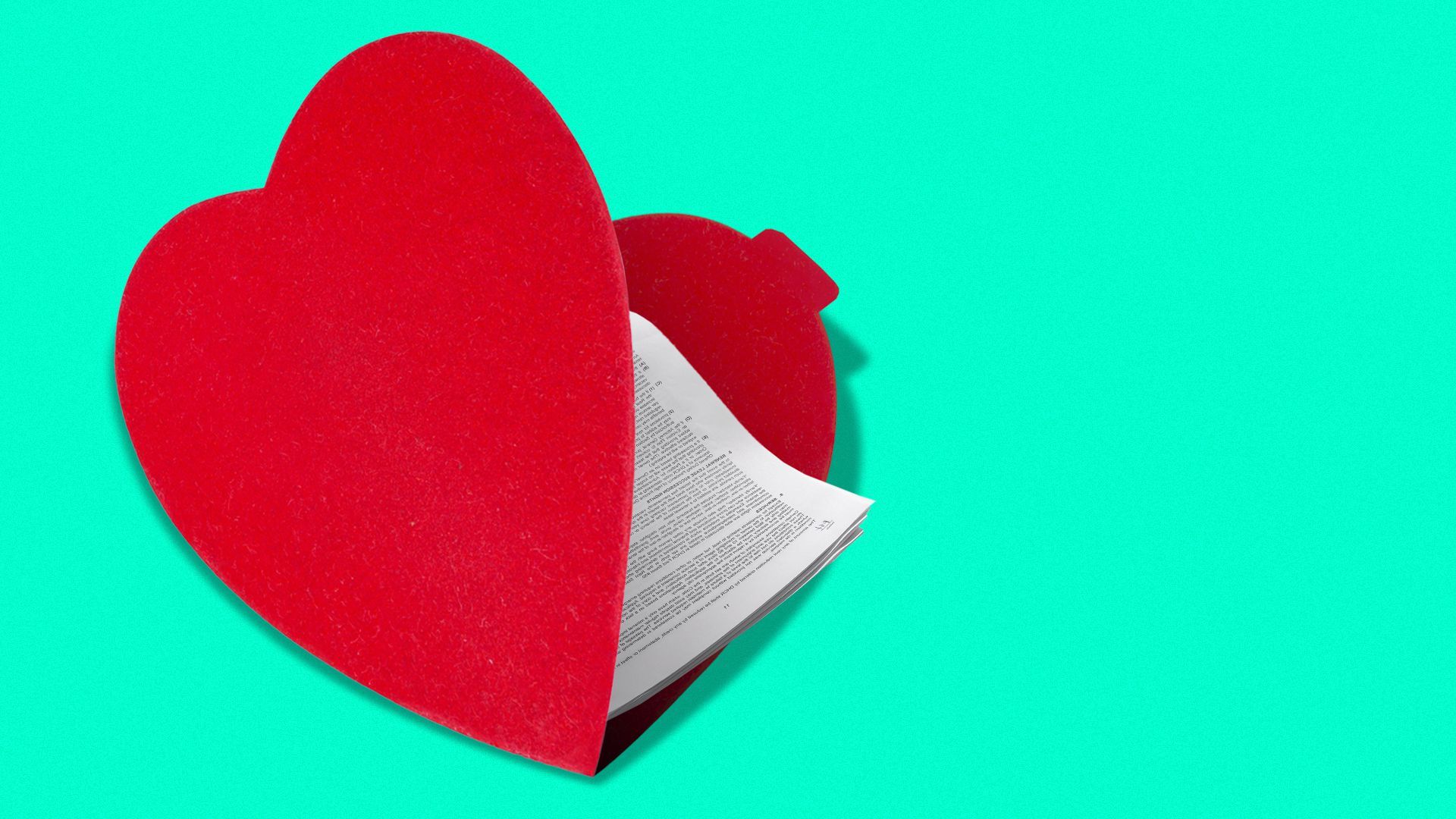 Illustration of a heart-shaped manila folder opening to reveal complex documents