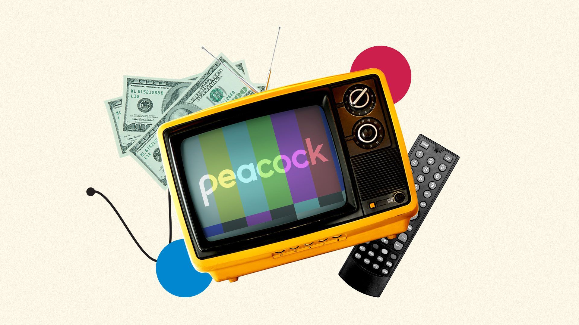 Illustration of a vintage television with the NBC Peacock streaming logo.