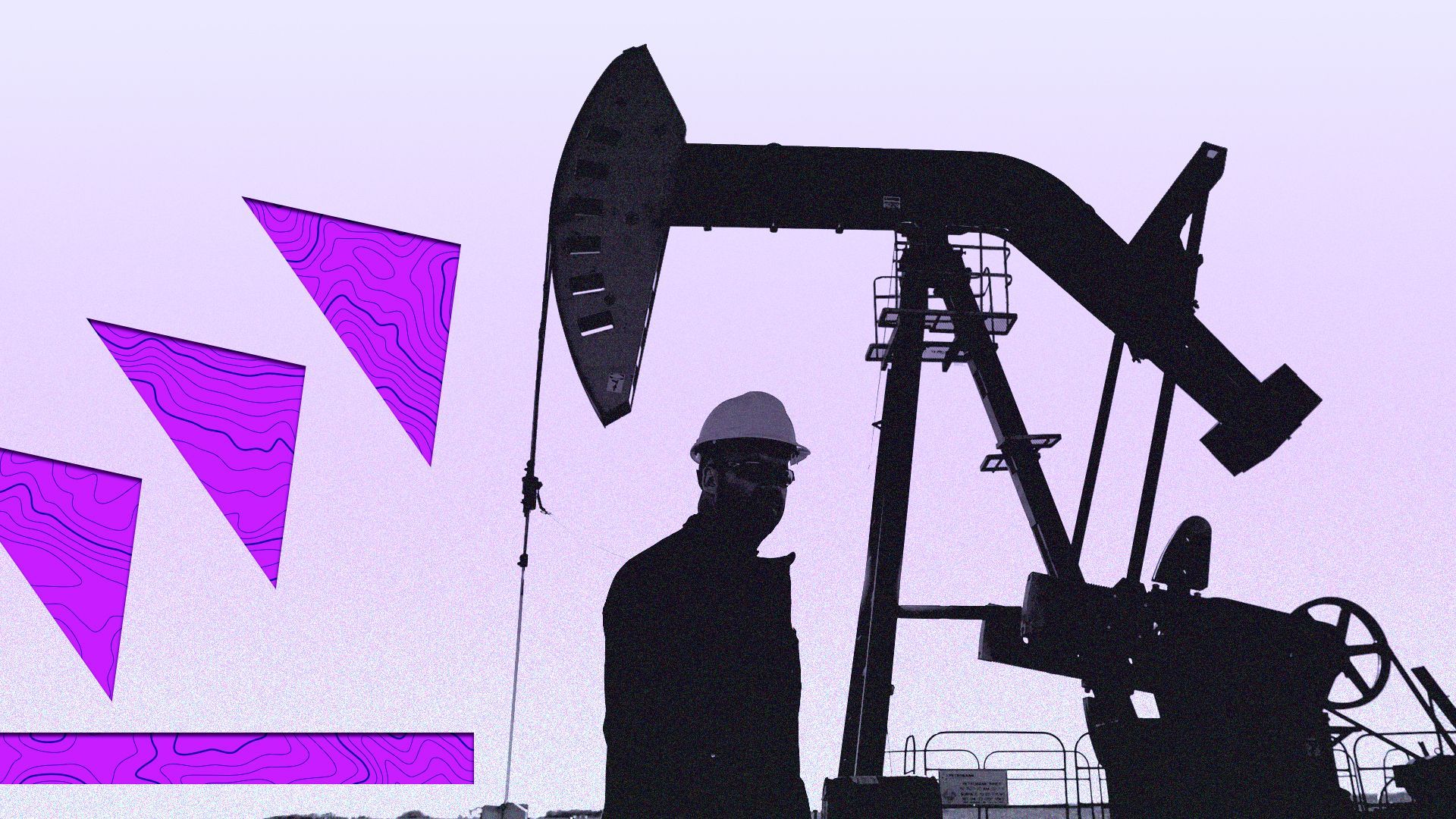 Illustration collage of a worker in front of an oil rig pump, next to graphic shapes