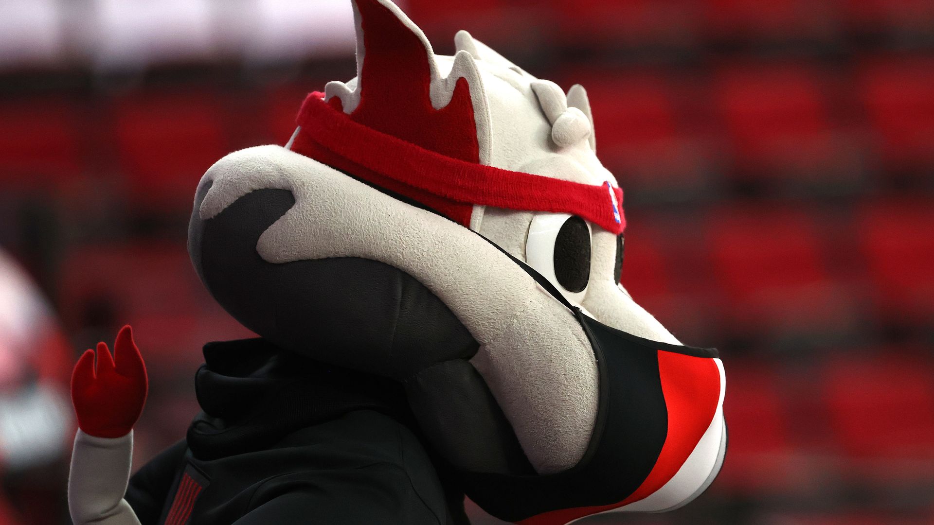 The Portland Trail; Blazers' mascot is seen in a close up shot.