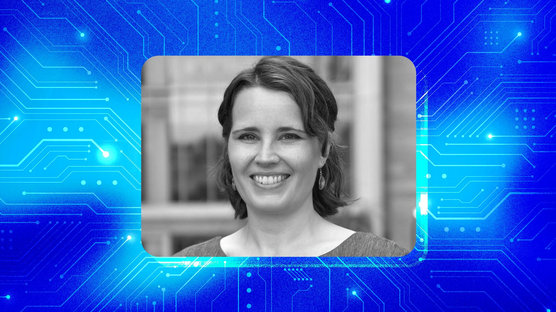 Photo illustration of Helen Toner set against a blue digital background.