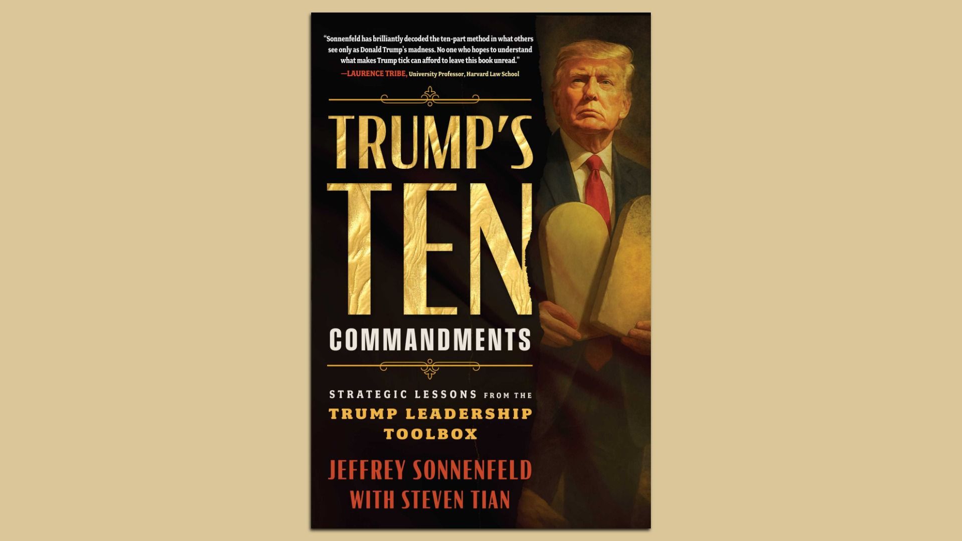 Book cover for "Trump's Ten Commandments": dark background, large gold title, portrait of a man in a suit holding a hat on the right, with decorative gold lines and author credits.