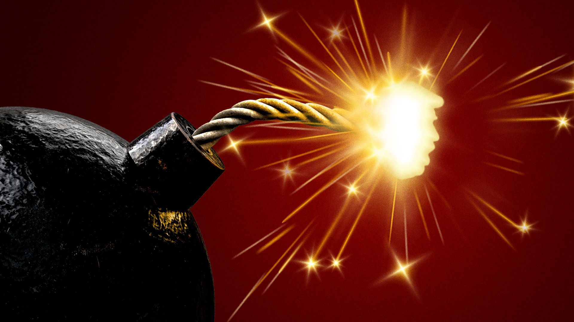 Illustration of a lit fuse in the shape of Donald Trump's silhouetted face. 