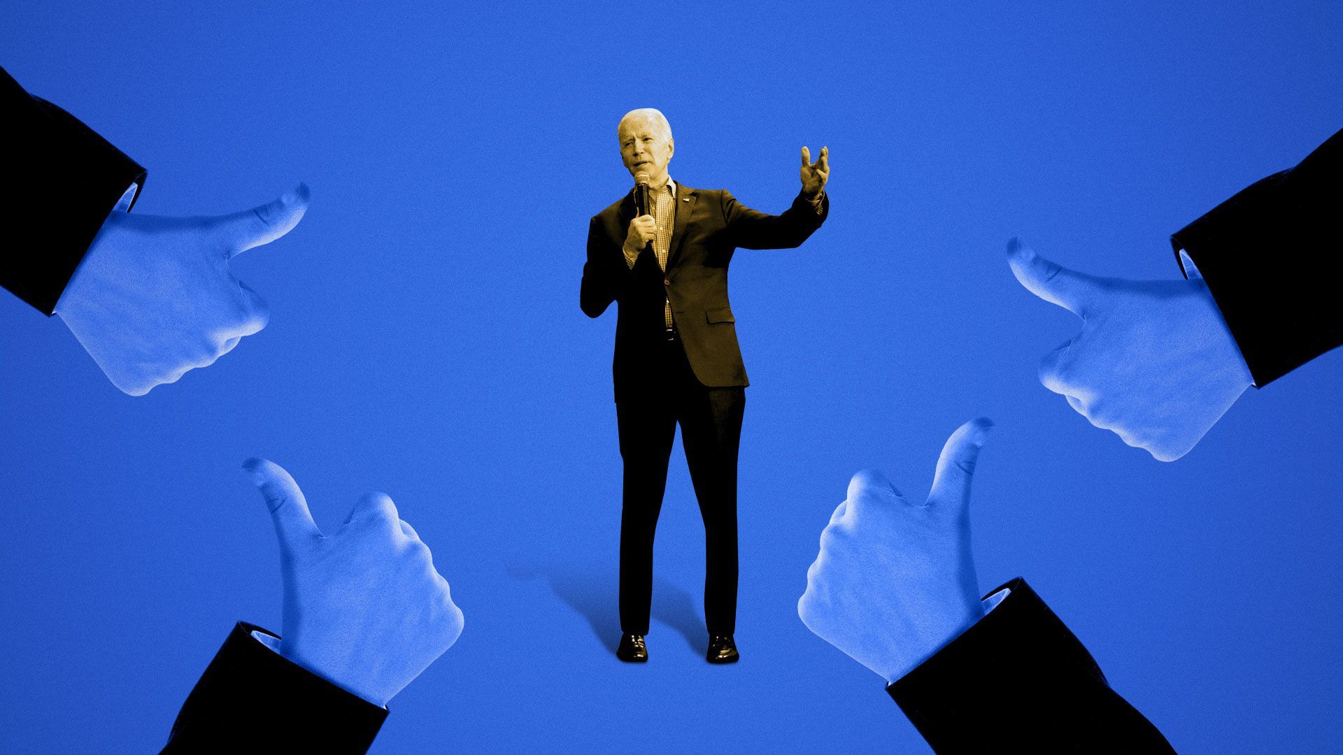 Illustration of Joe Biden surrounded by male thumbs up