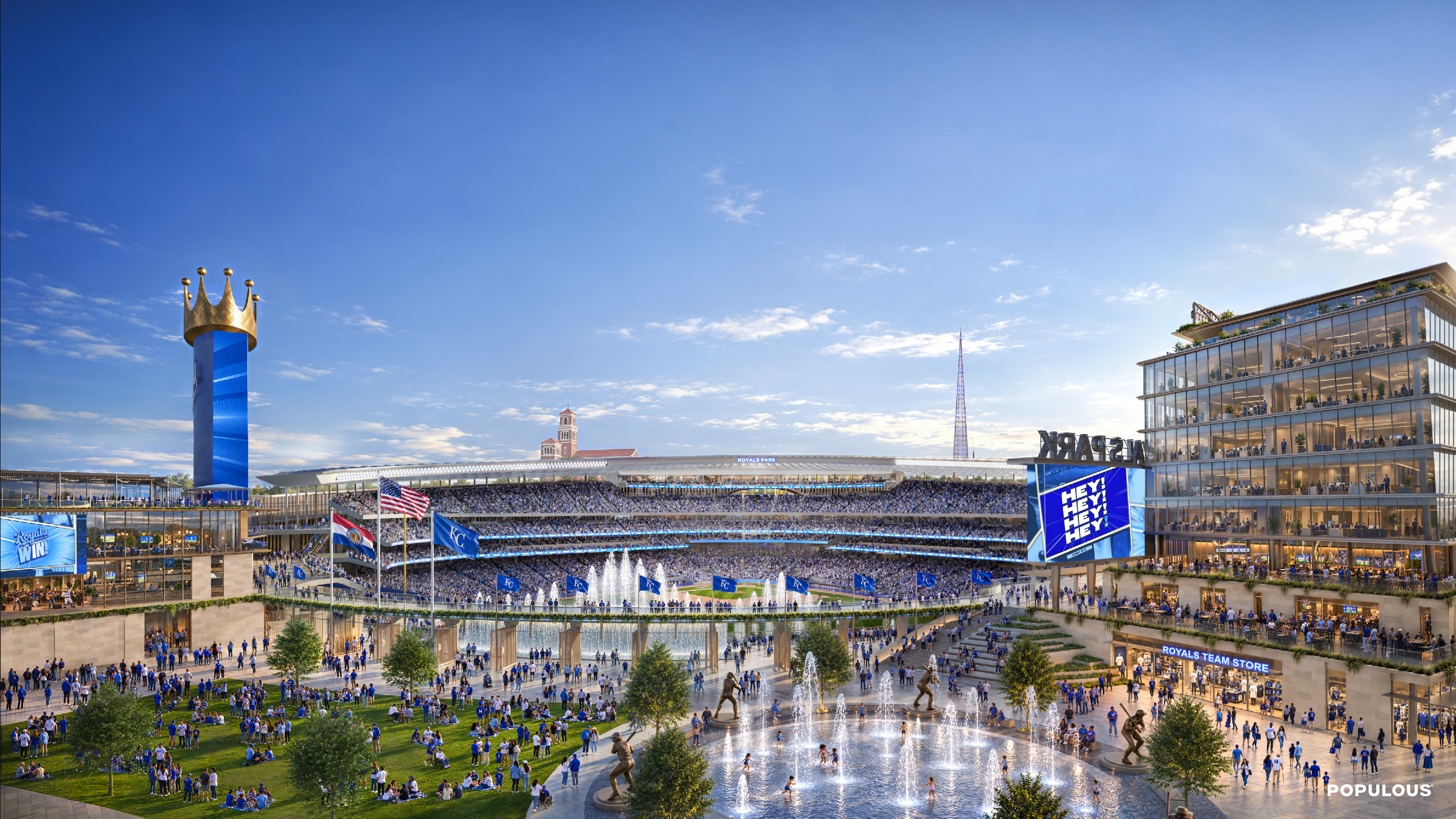 Wide stadium plaza under blue sky. A tall blue pillar with a gold crown on the left, cheering crowds in blue, flags, fountains, and a glass, multi-level building on the right; Populous logo.