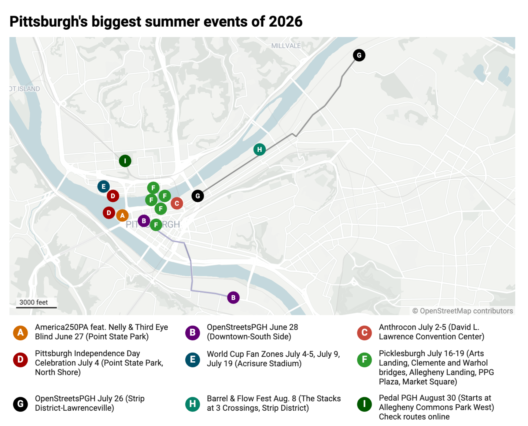 Map of Pittsburgh's 2026 summer events with color-coded markers A–I along the downtown riverfront, showing venues like OpenStreetsPGH, Picklesburgh, and Anthrocon.