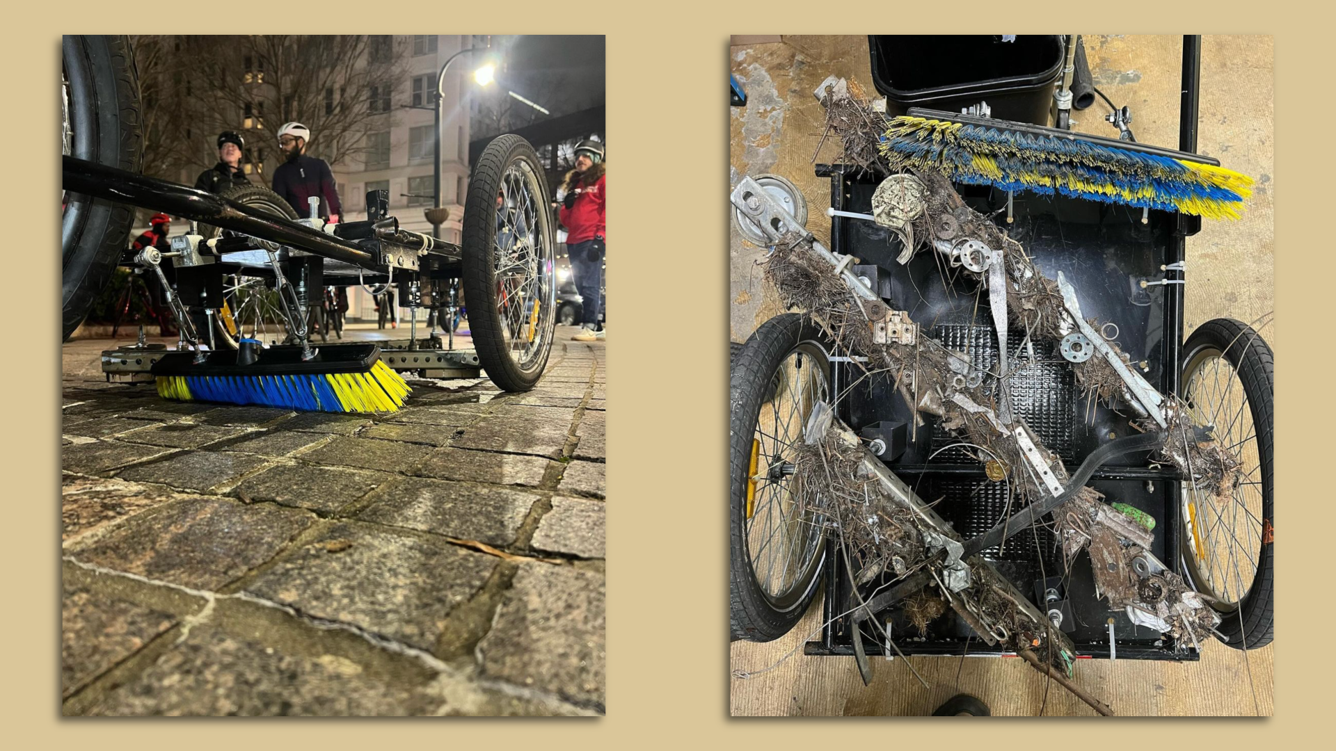 Two photos of a bike trailer with a broom brush and magnets to pick up nails and screws in the road
