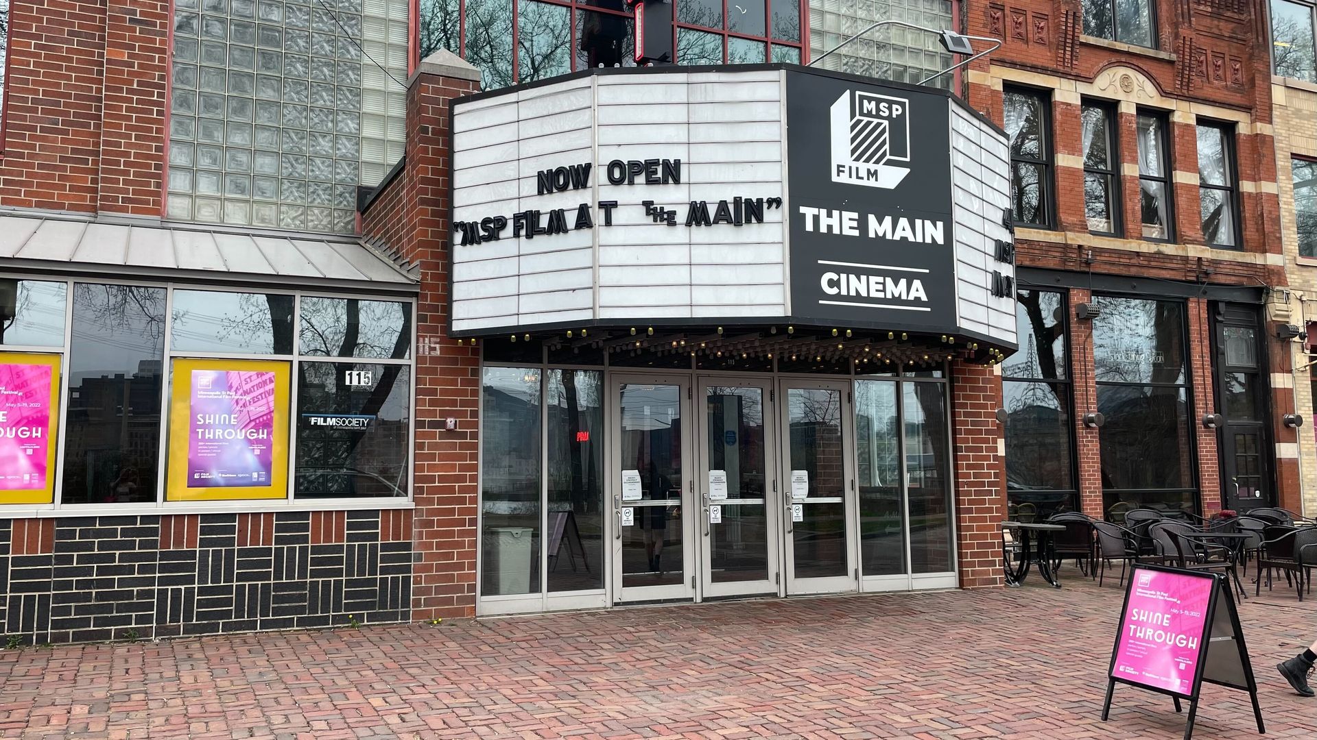 The exterior of a movie theater.