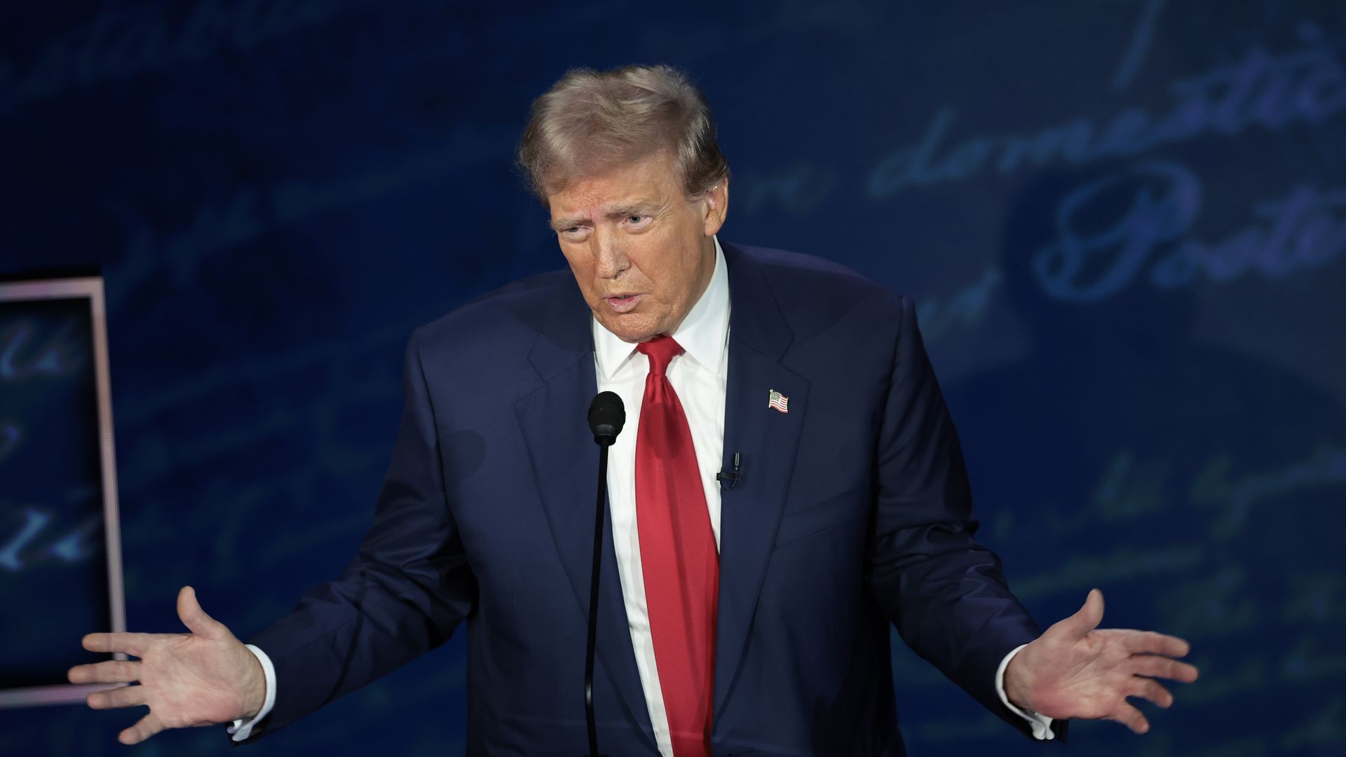 Republican presidential nominee, former U.S. President Donald Trump, debates Democratic presidential nominee, U.S. Vice President Kamala Harris, for the first time during the presidential election campaign at The National Constitution Center on September 10, 2024 in Philadelphia.