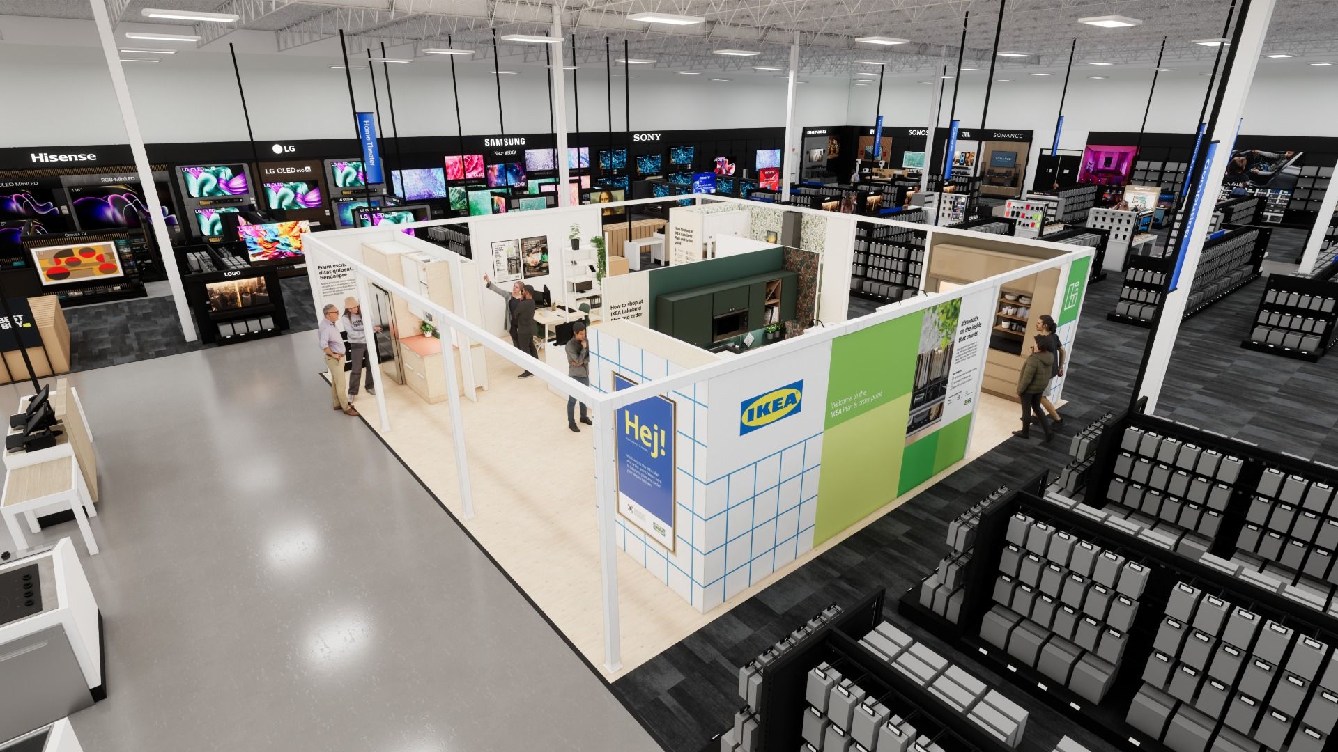 Inside a Best Buy electronics store, an Ikea-themed room setup with kitchen and office furniture showcases design ideas. 