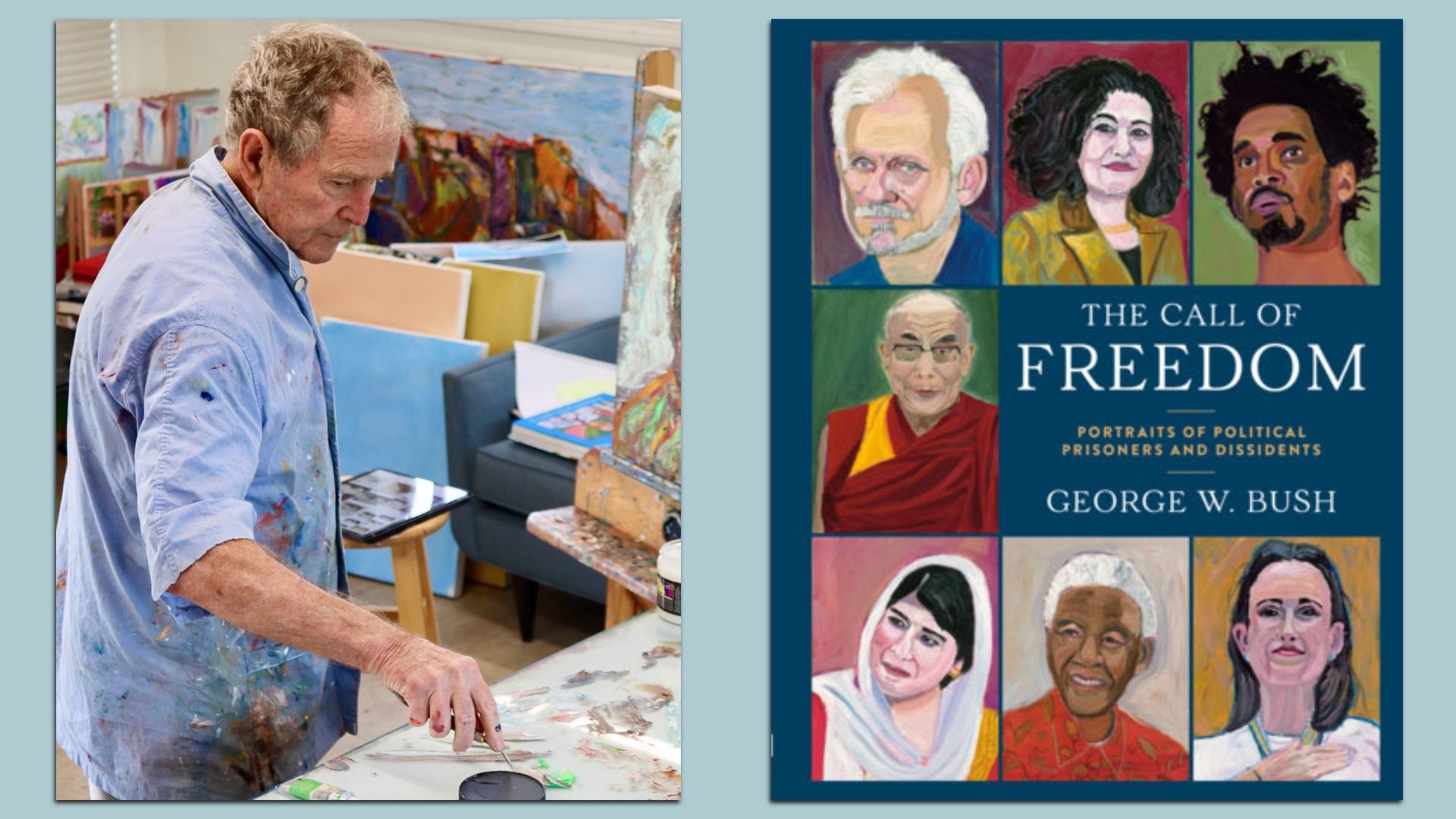 Two-panel image: left shows Bush at a cluttered studio easel in a paint-stained blue shirt; right shows a blue book cover with portraits and the title "The Call of Freedom".