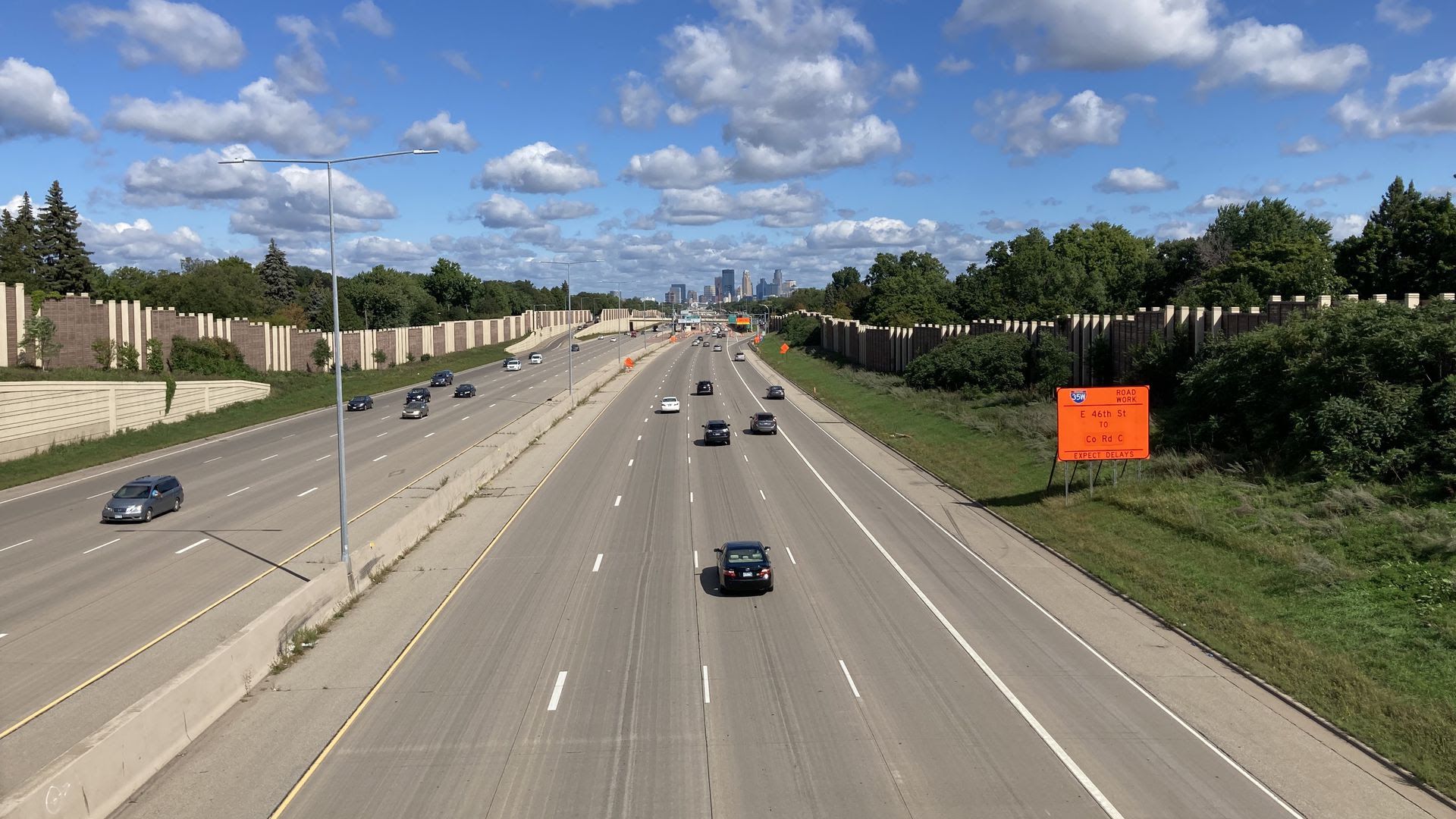 Cars drive on Interstate 35W in Minneapolis.