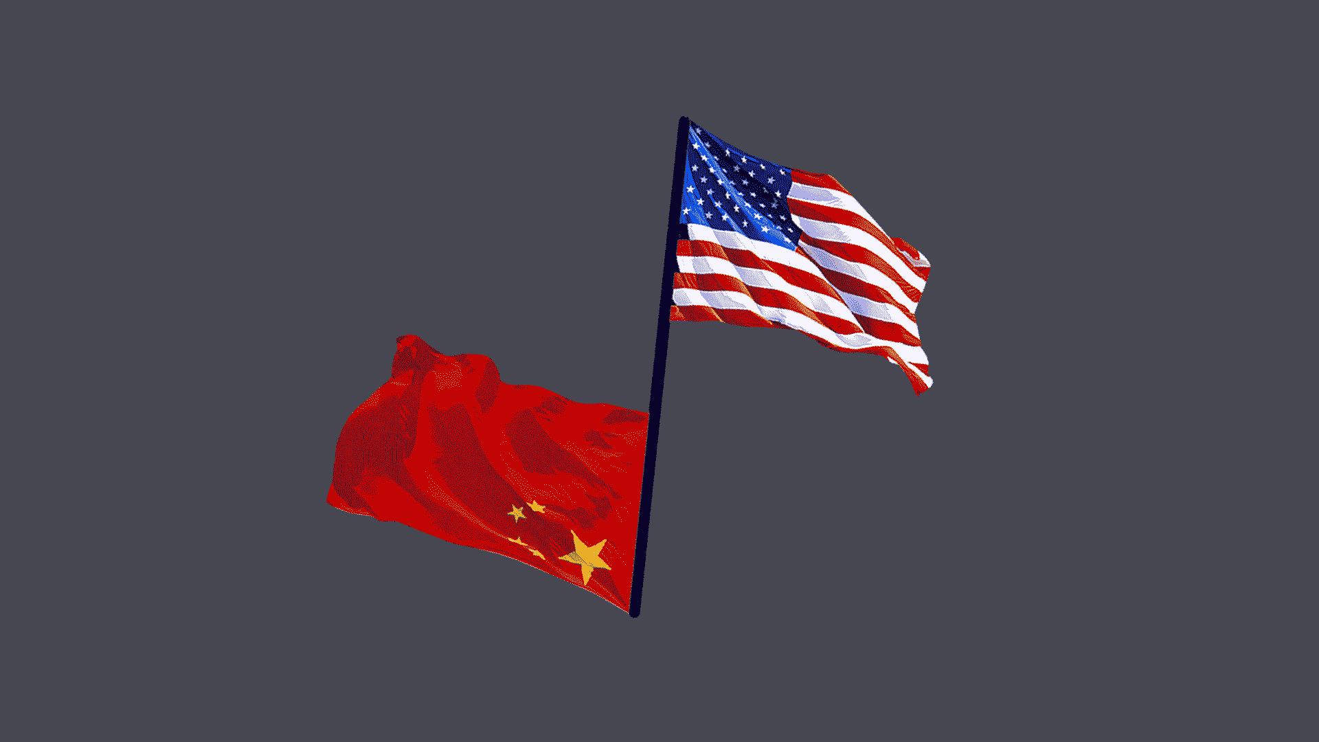 Illustration of a Chinese flag and a US flag chasing rotating.