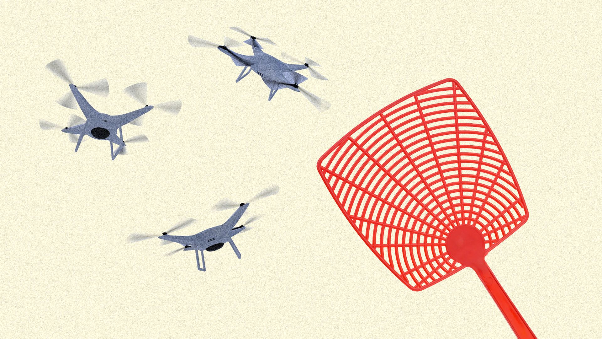 Illustration of buzzing drones around giant fly swatter