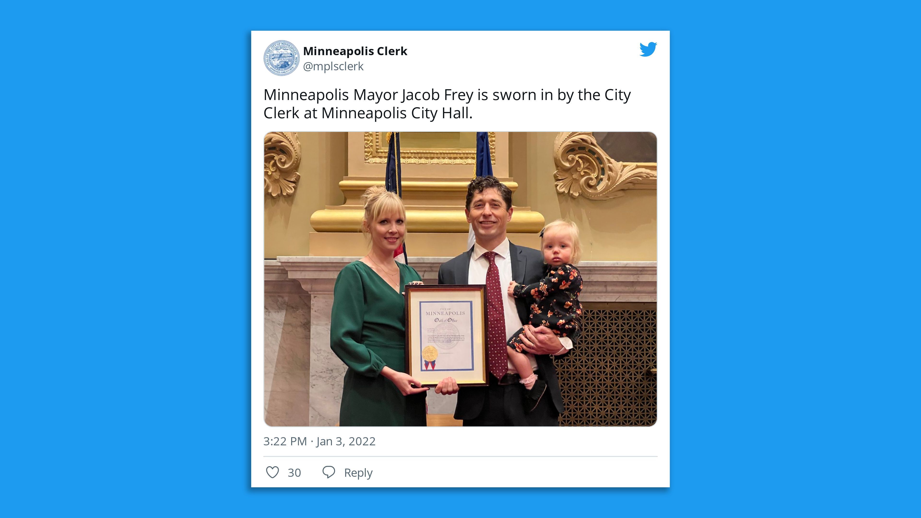 tweet of mayor frey and his wife at his oath of office