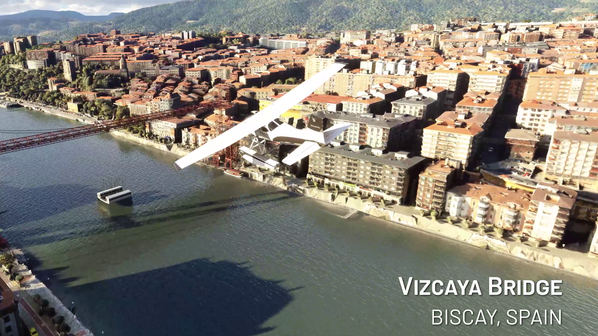 A screenshot of Microsoft Flight Simulator showing a plane flying over a city in Spain.