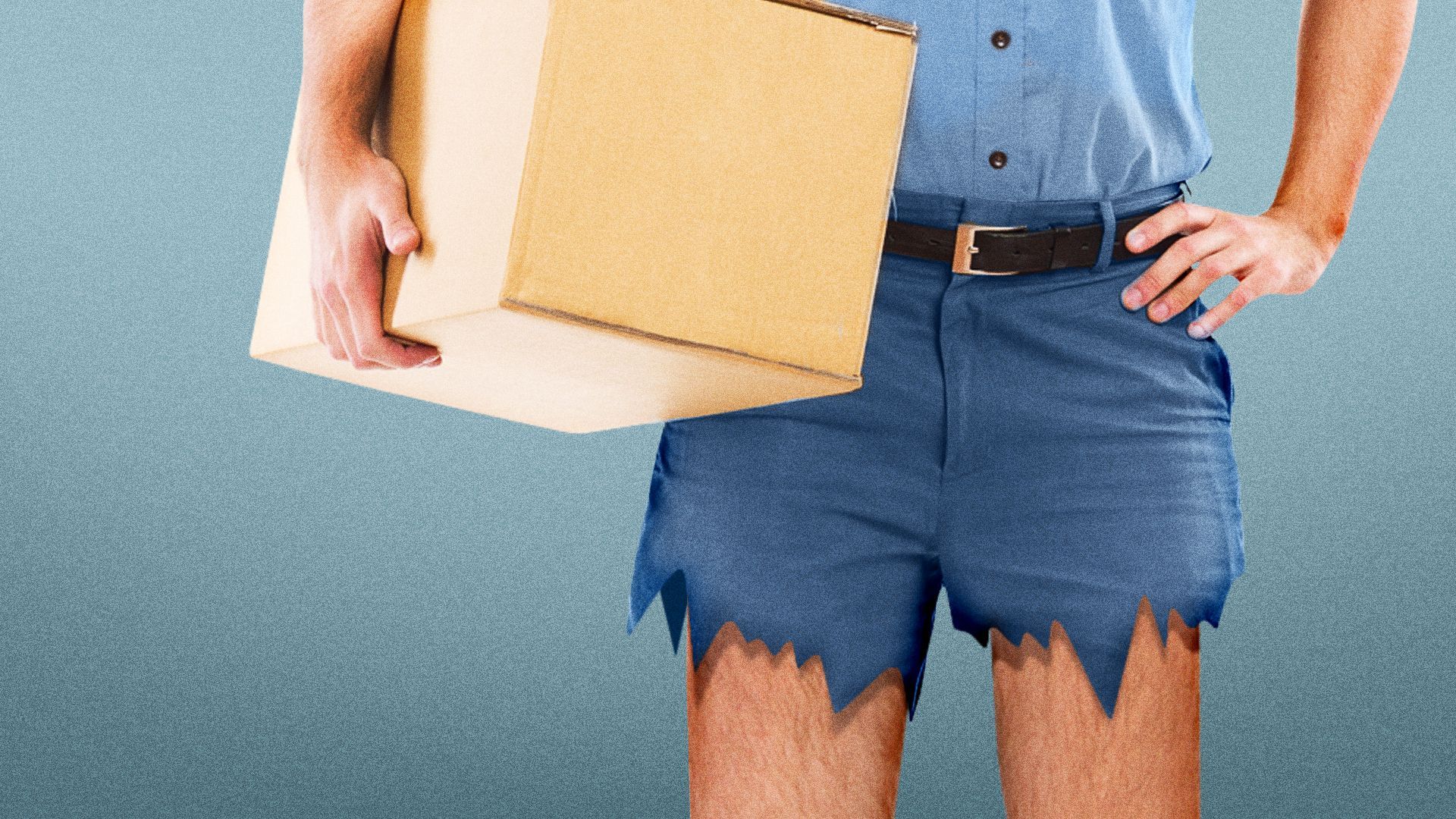Illustration of a mail carrier with tattered shorts. 