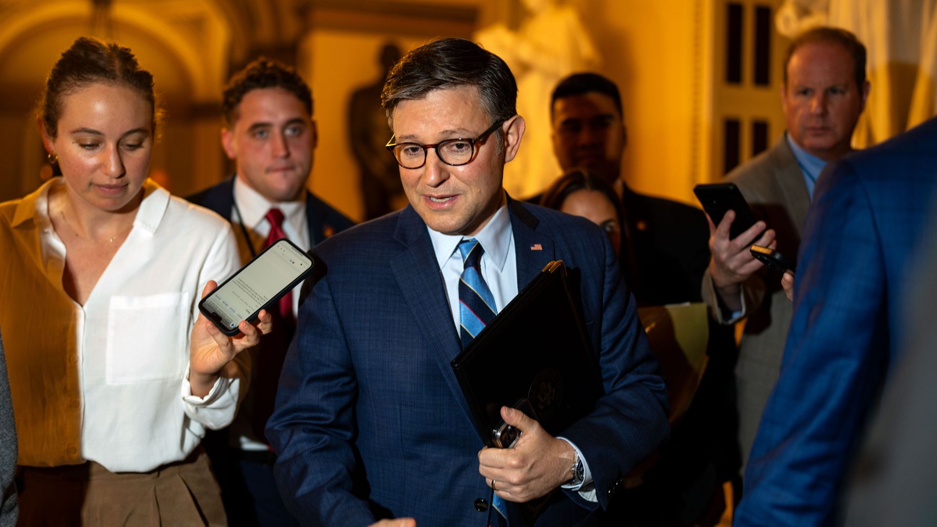 WASHINGTON, DC - SEPTEMBER 12: Speaker of the House Mike Johnson (R-LA) returns to his office at the U.S. Capitol on September 12, 2024 in Washington, DC. With 19 days until the federal funding deadline, Speaker Johnson pushed a six-month stopgap bill with the Safeguard American Voter Eligibility Ac