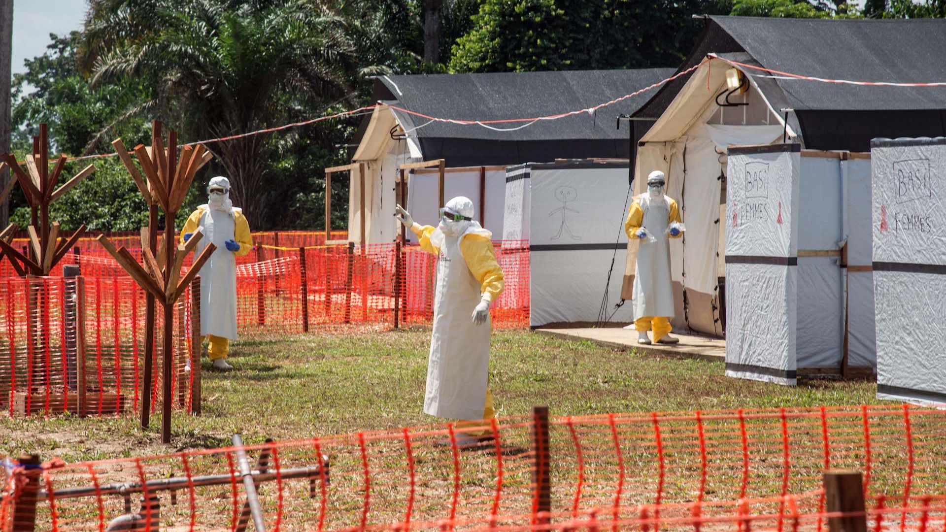 Health workers at a makeshift isolation ward to treat Ebola patients in the DRC.