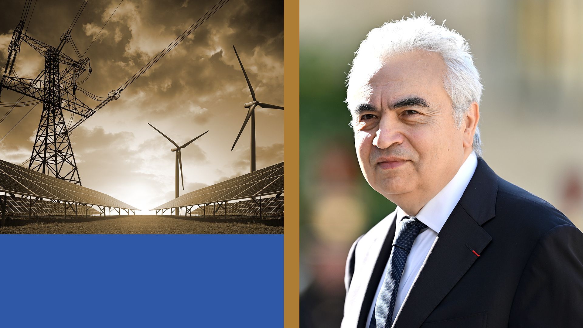 Photo illustration of IEA head Fatih Birol next to abstract shapes and an image of various forms of energy production.