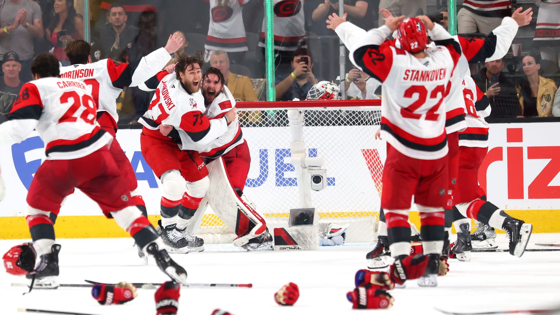 The Carolina Hurricanes celebrate after winning in Game Six of the 2026 Stanley Cup Final against the Vegas Golden Knights 3-0 at T-Mobile Arena in Las Vegas.
