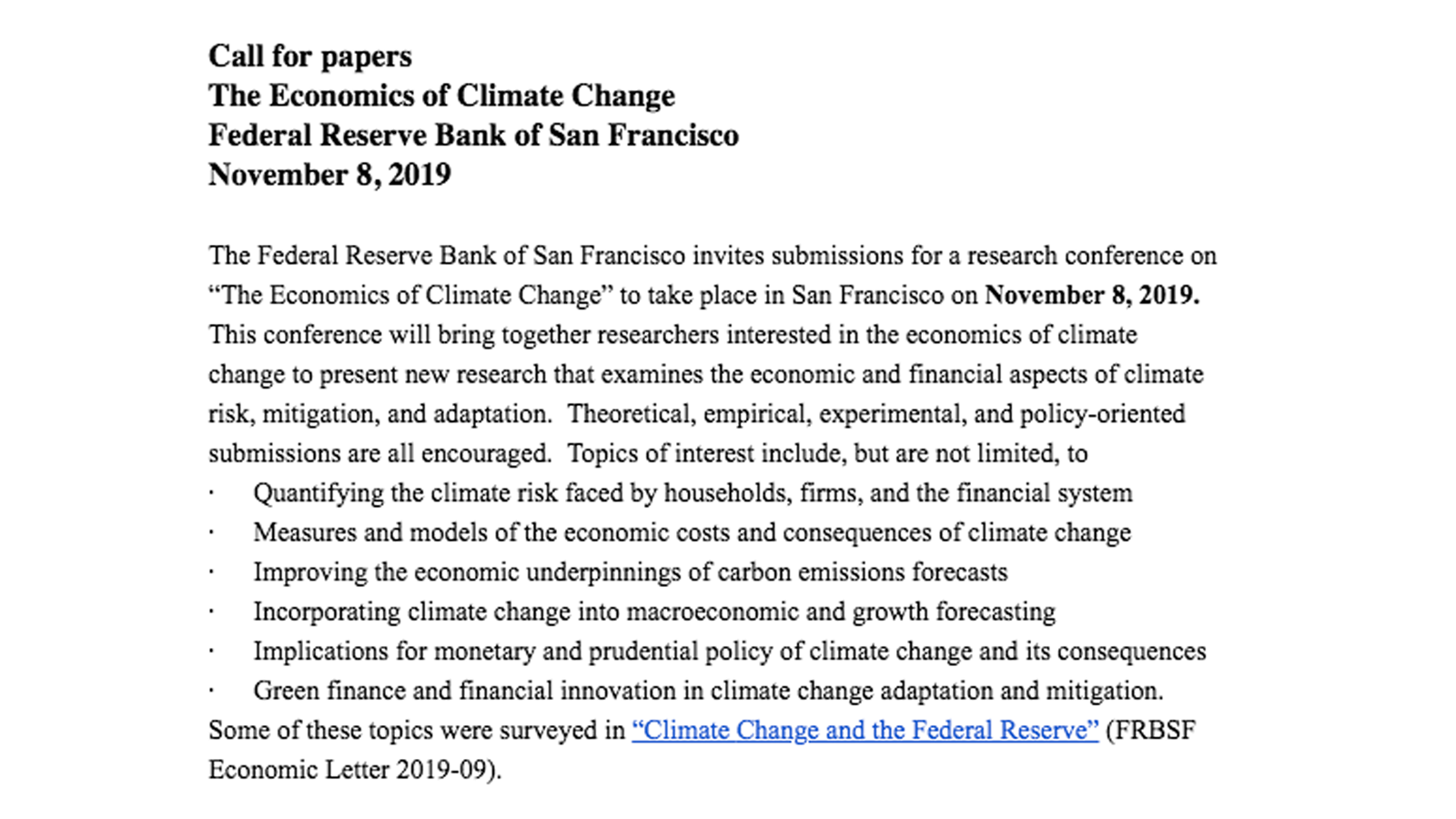 Fed's call for research on subjects related to climate change