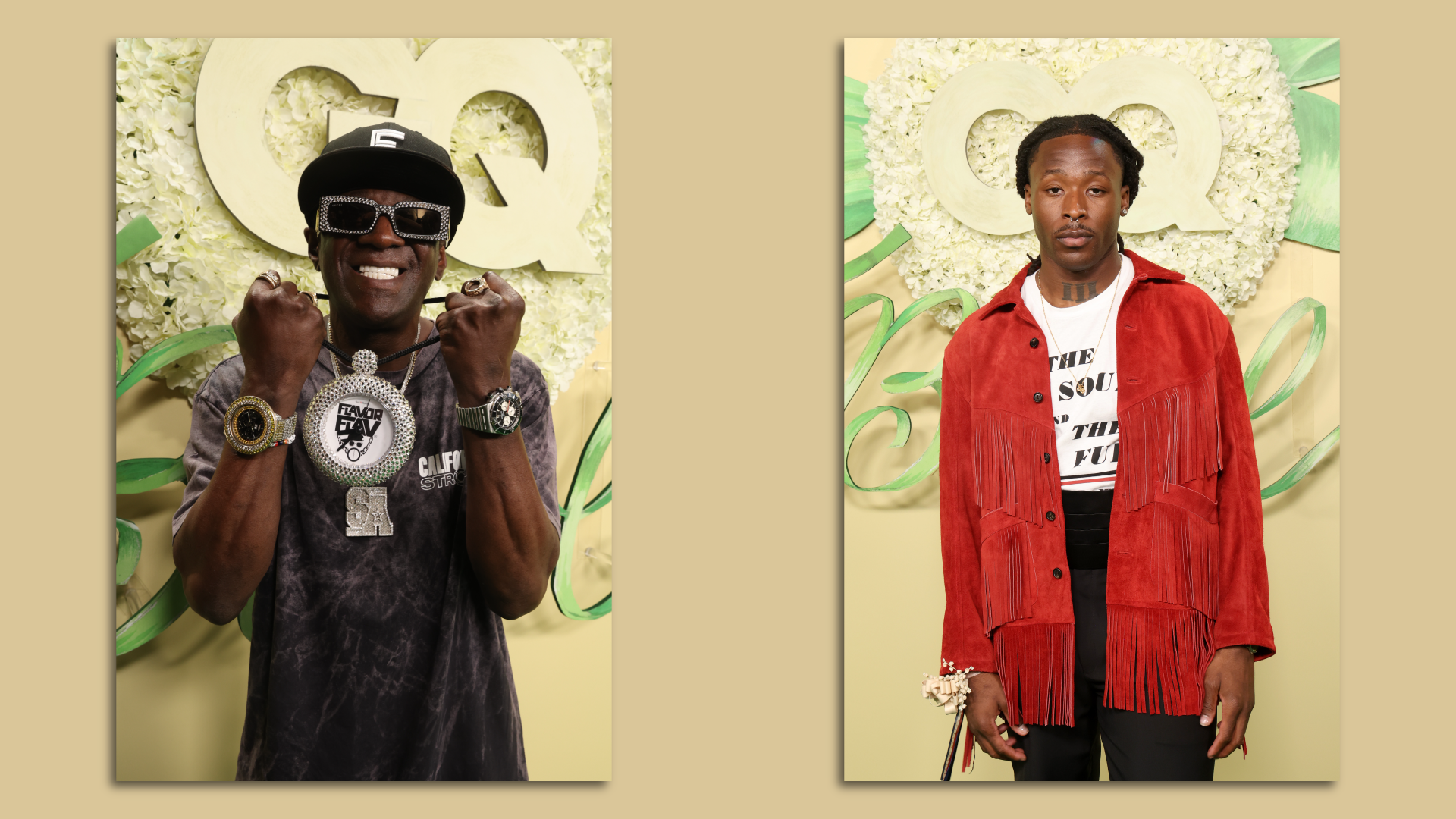 Two side by side photos of men posing in front of a GQ logo.