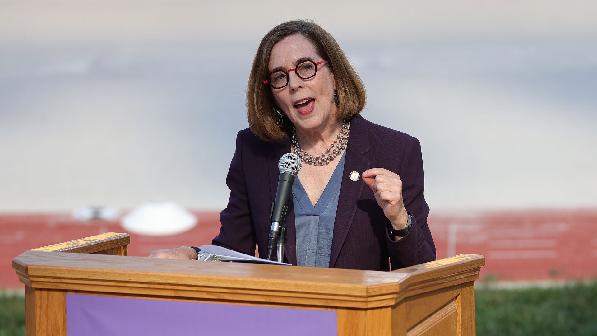 Governor of Oregon Kate Brown speaks at the World Athletics Championships Oregon22 at Hayward Field on July 15, 2022 in Eugene, Oregon.