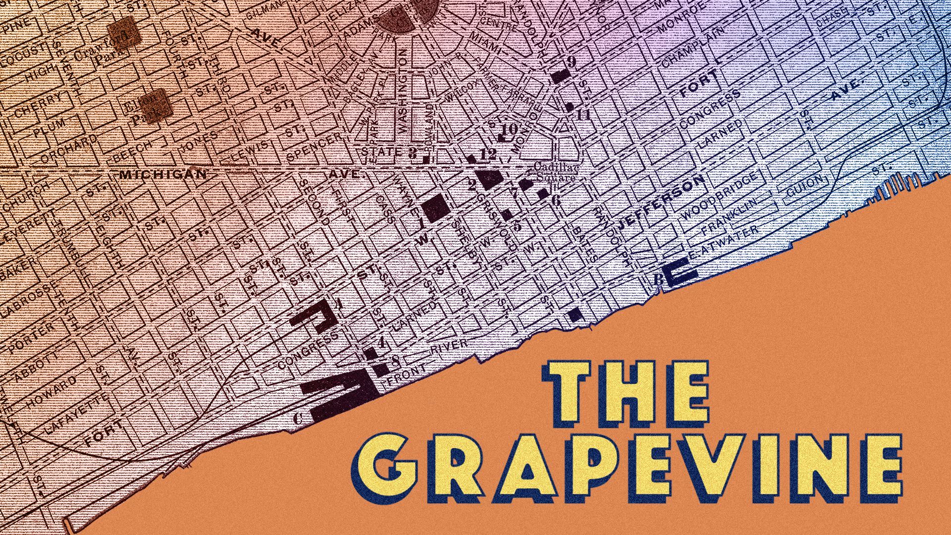 Illustration of a map of Detroit, Michigan and the title "The Grapevine".