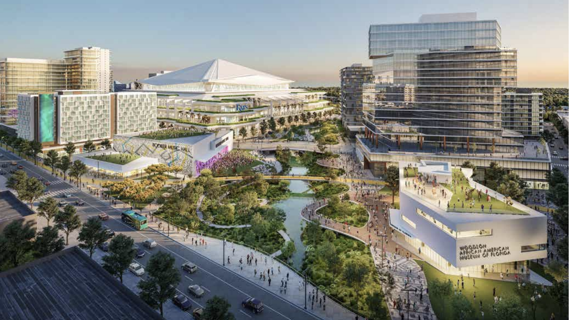 rendering of new Gas Plant District proposed by Hines and the Rays