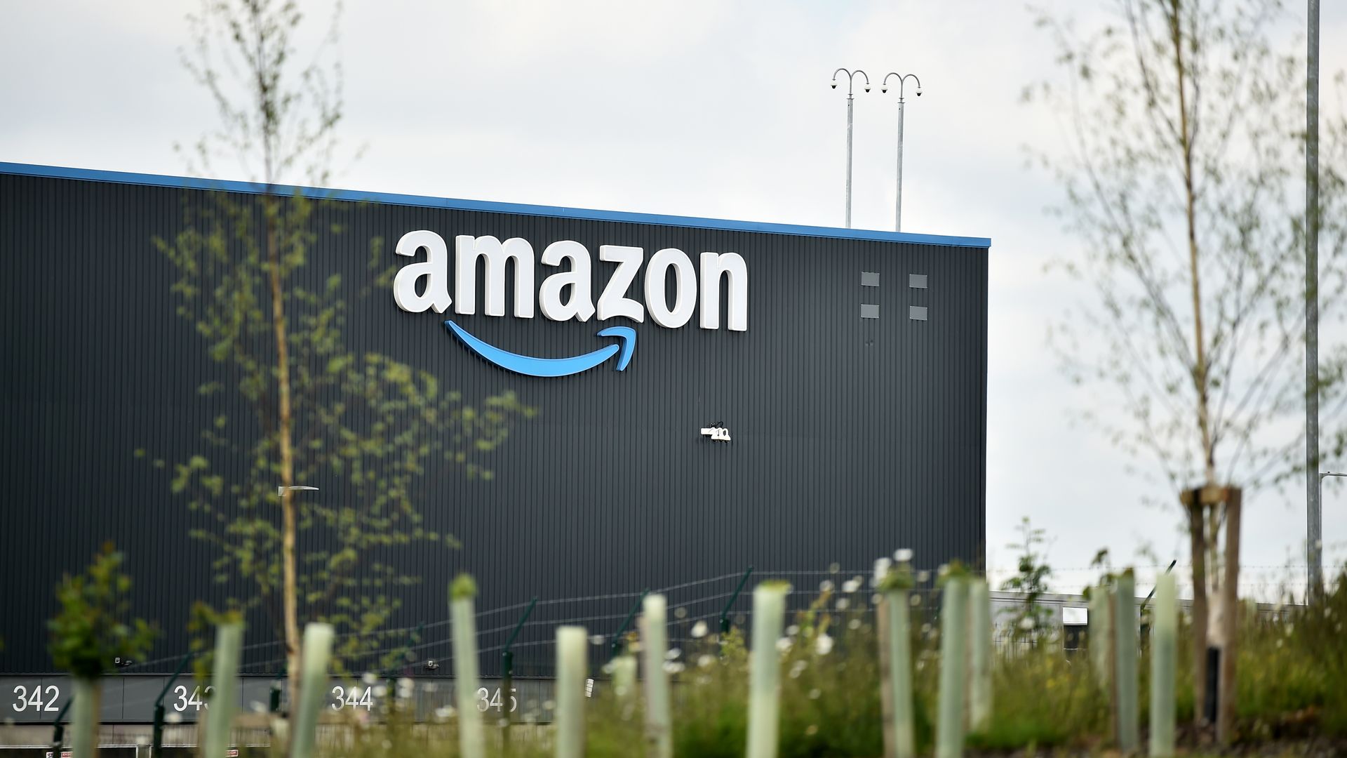 A general view outside an Amazon warehouse in Leeds, England.