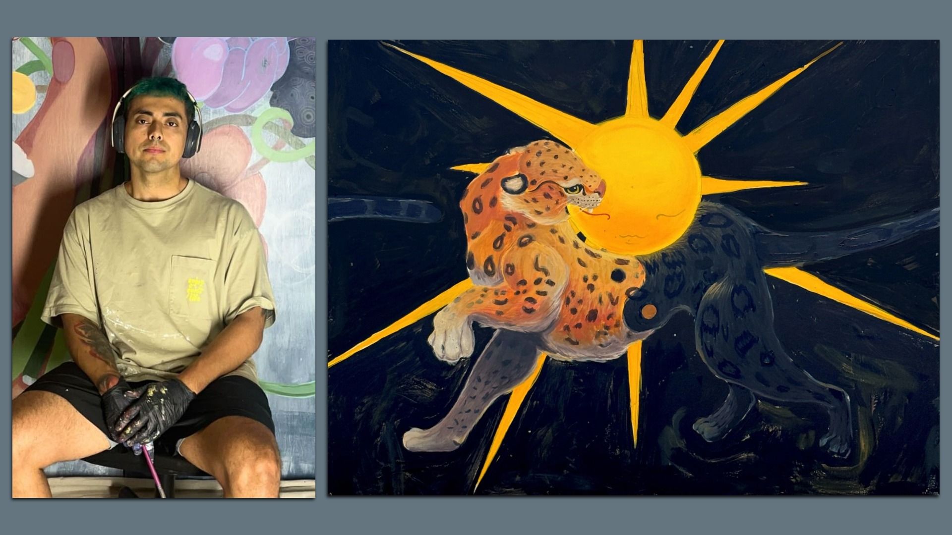 A man with green hair wearing headphones and a beige shirt with black shorts sits in front of a colorful mural. Next to him is a painting of a leopard with a split orange and black body and a glowing yellow sun behind it.