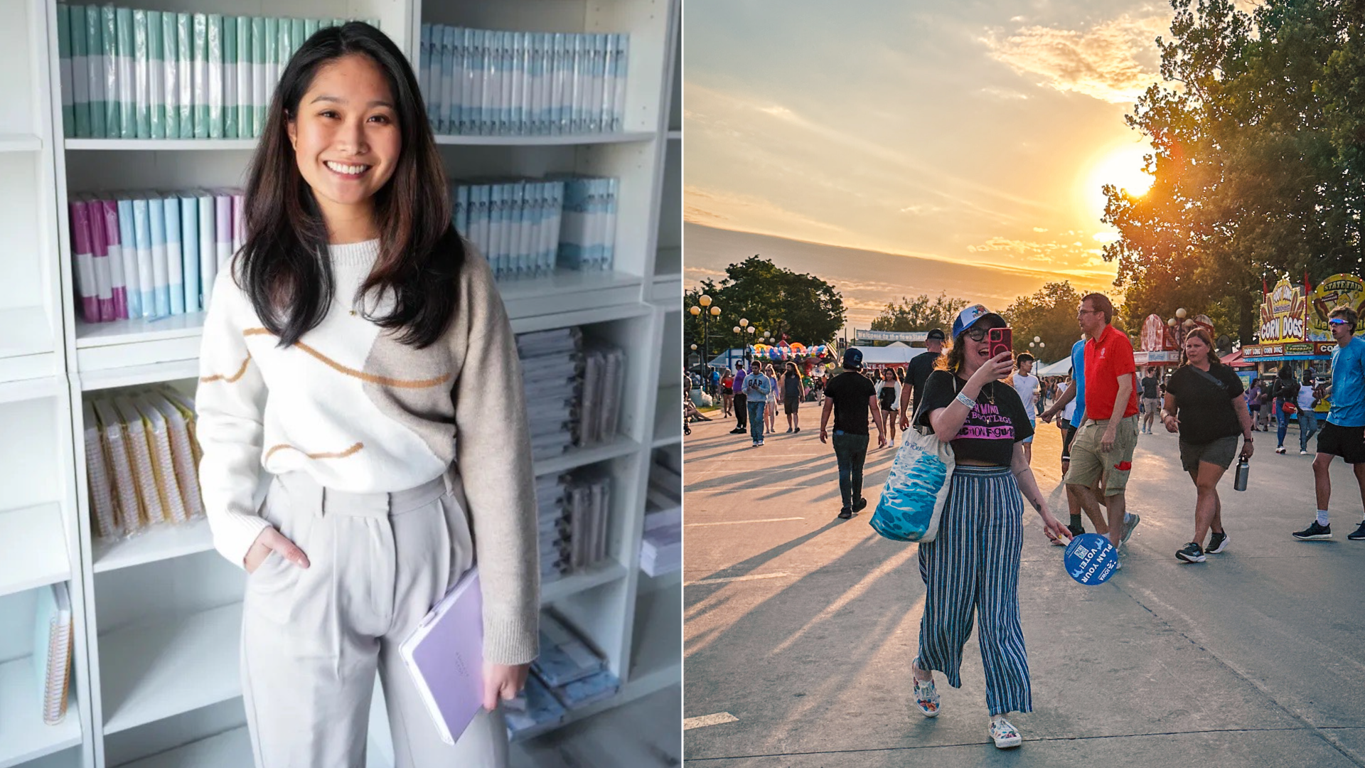 Linda Tong holding a planner on the left and Sarah Booz holding a cell phone on the right