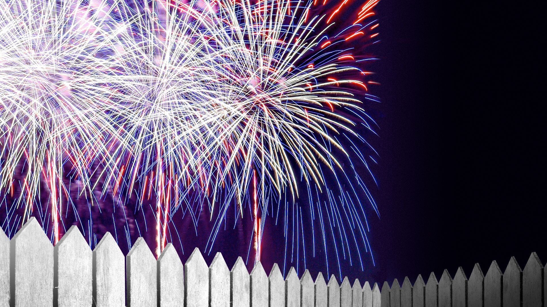 Illustration of fireworks going off behind a fence. On the other side, it's dark.