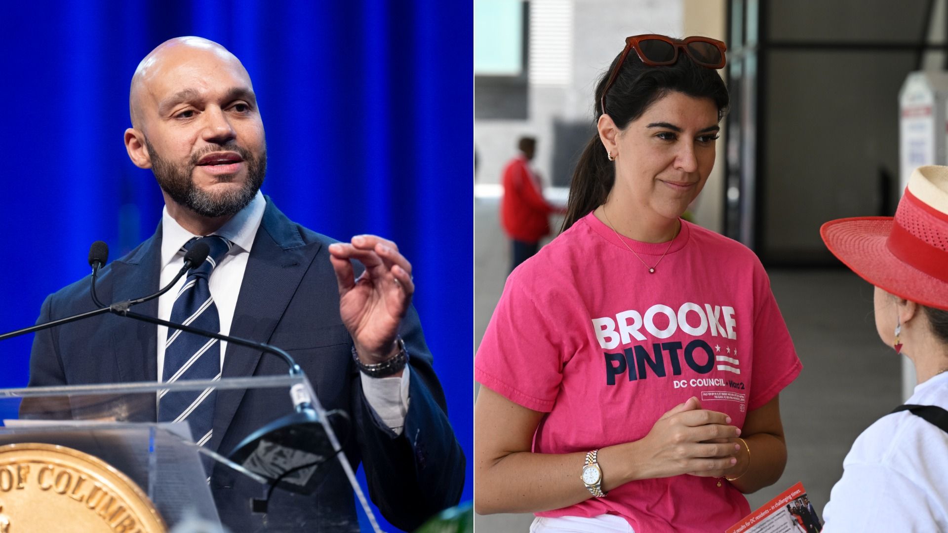 Photo collage: Robert White speaking at a podium, next to a picture of Brooke Pinto speaking to a potential voter