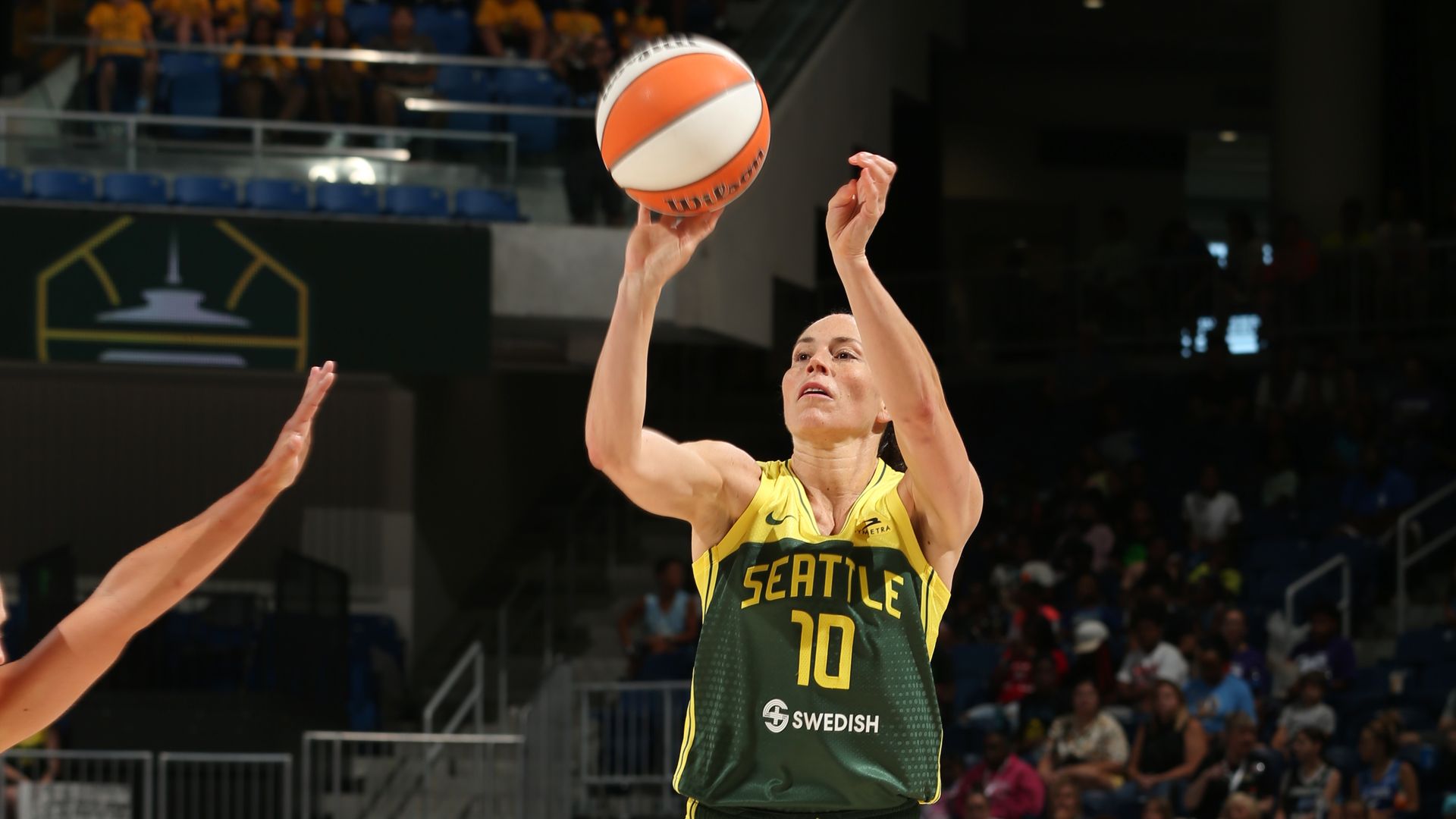Sue Bird #10 of the Seattle Storm shoots a three point basket during the game against the Chicago Skyon July 20, 2022 at the Wintrust Arena in Chicago, Illinois.