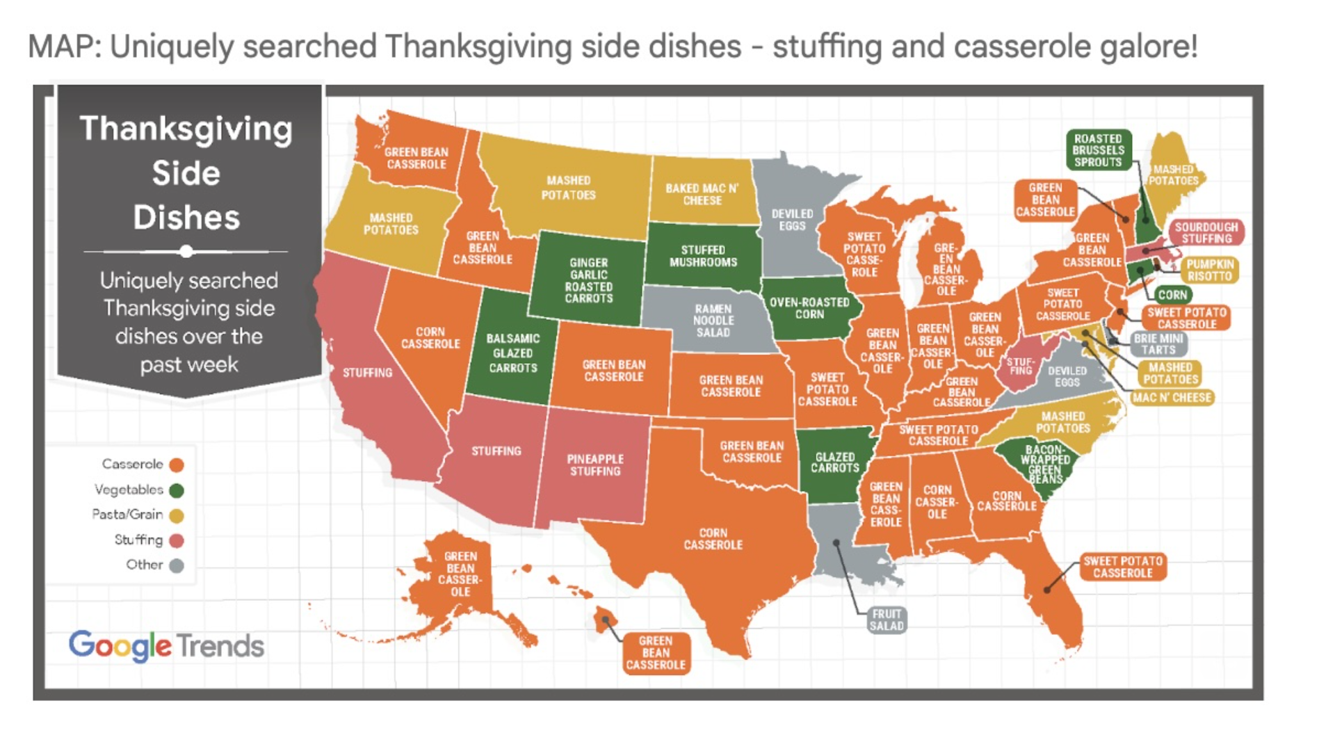An orange and yellow map of the US showing all the different trending side dishes in each state