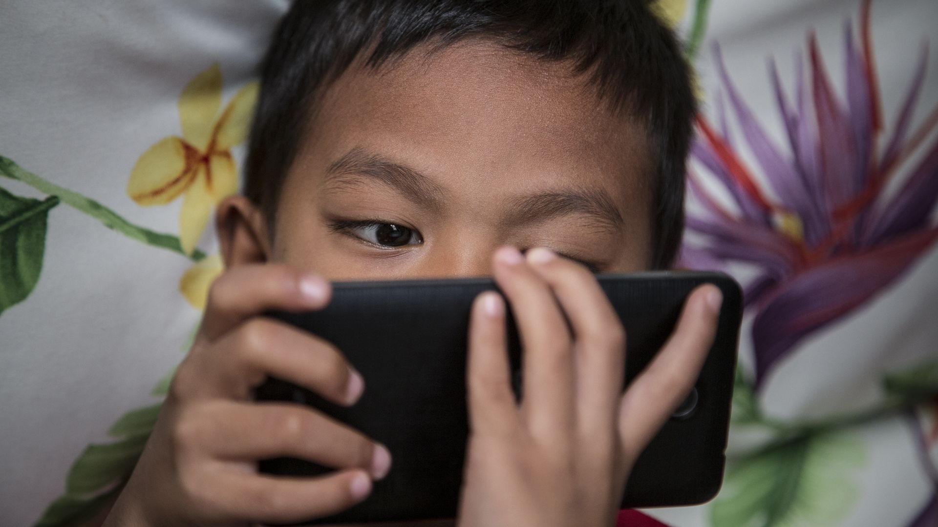 A child looks at a mobile phone.