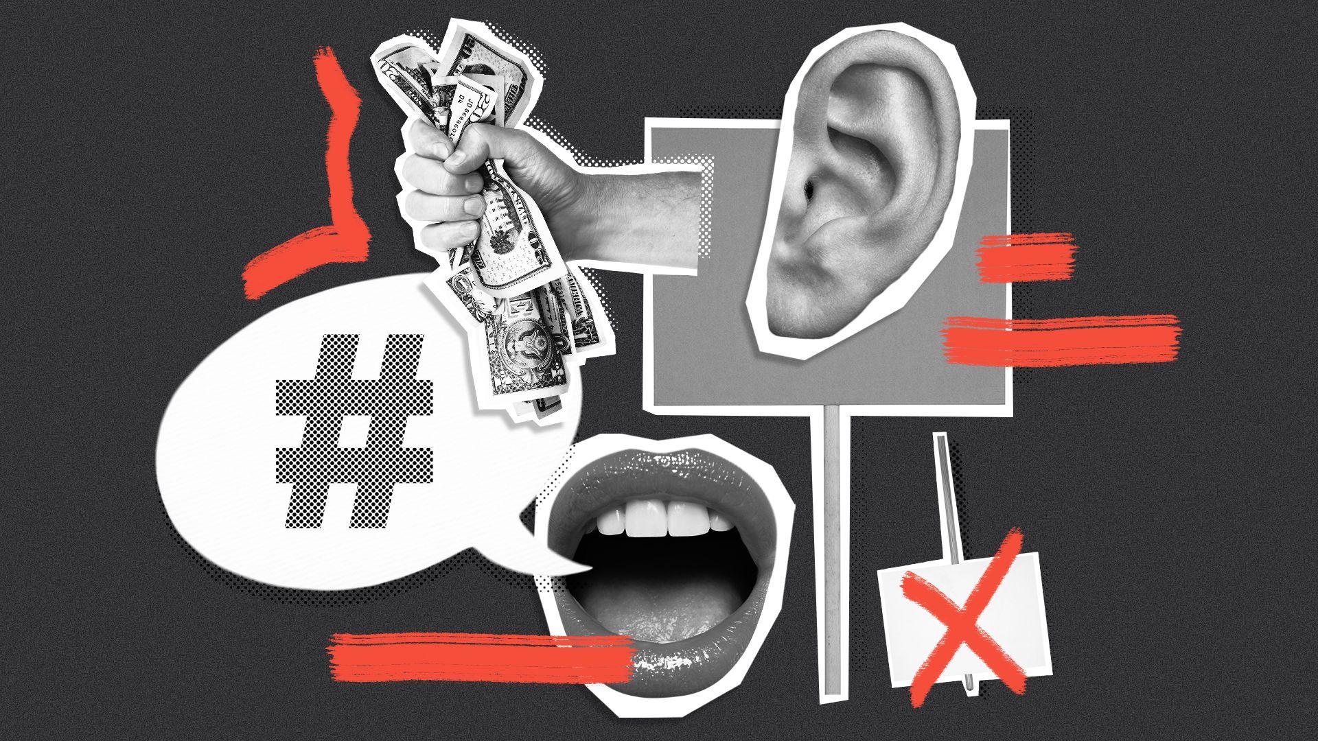 Illustrated collage of a mouth, hand holding money, picket signs, ear and speech bubble with hashtag.