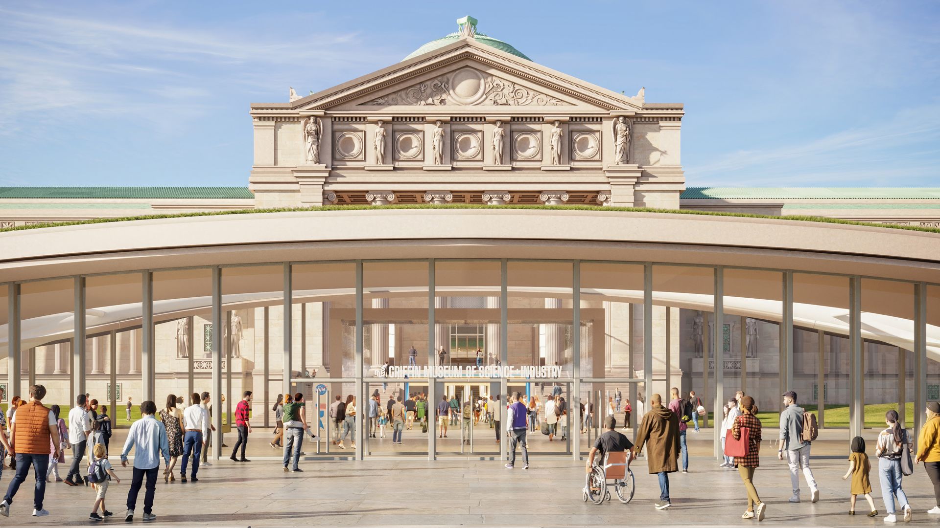 Beige neoclassical museum facade with a carved pediment and statues, green roof, and a raised base. A curved glass entrance atrium with visitors stands before under a blue sky.