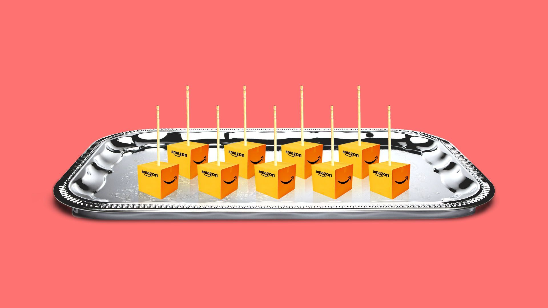 A tray of samples with small Amazon boxes instead of food