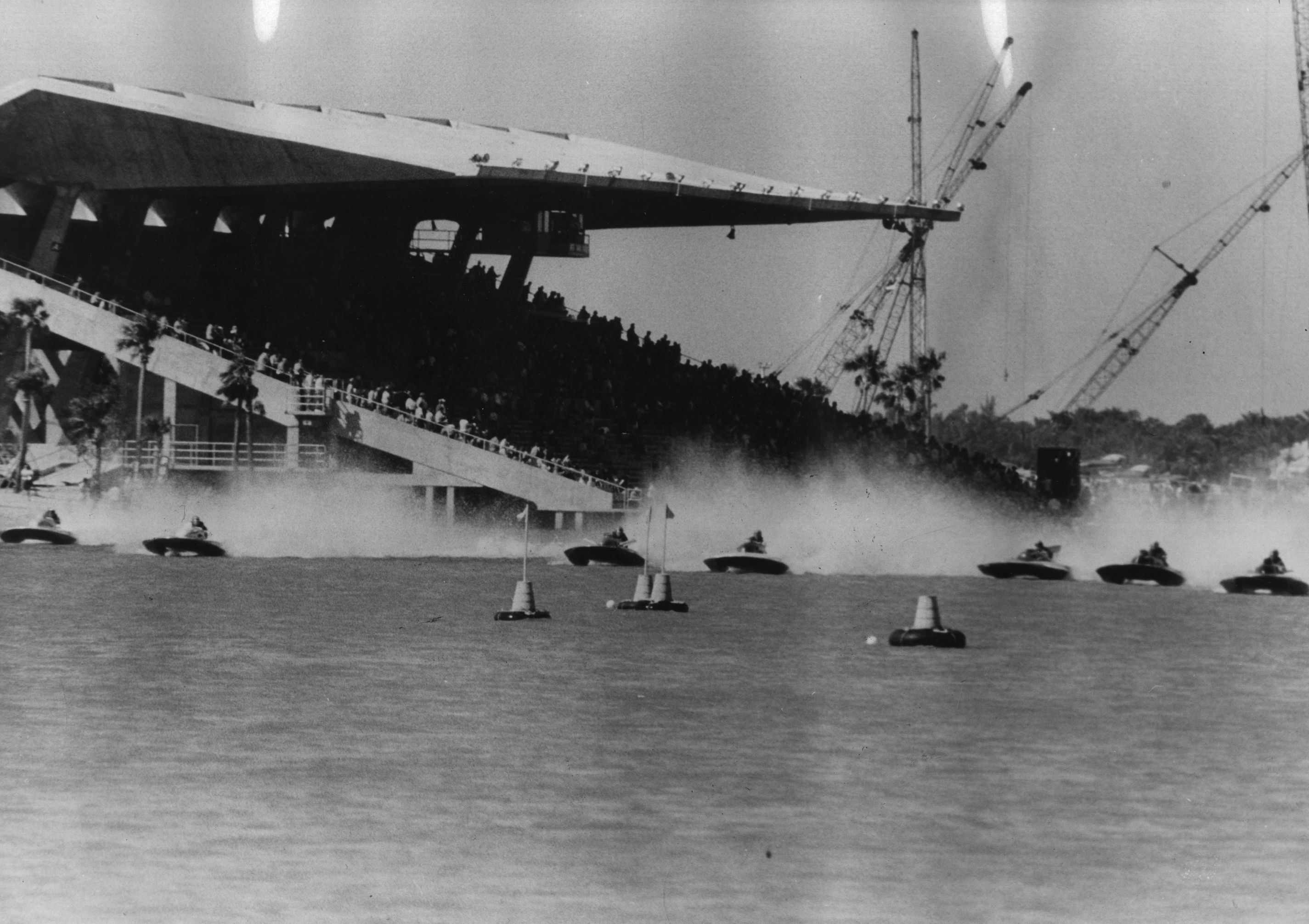 8th February 1965: Packed audiences watching a power boat race in the Miami Marine Stadium on Bicayne Bay. (Photo by Alan Band/Fox Photos/Getty Images)