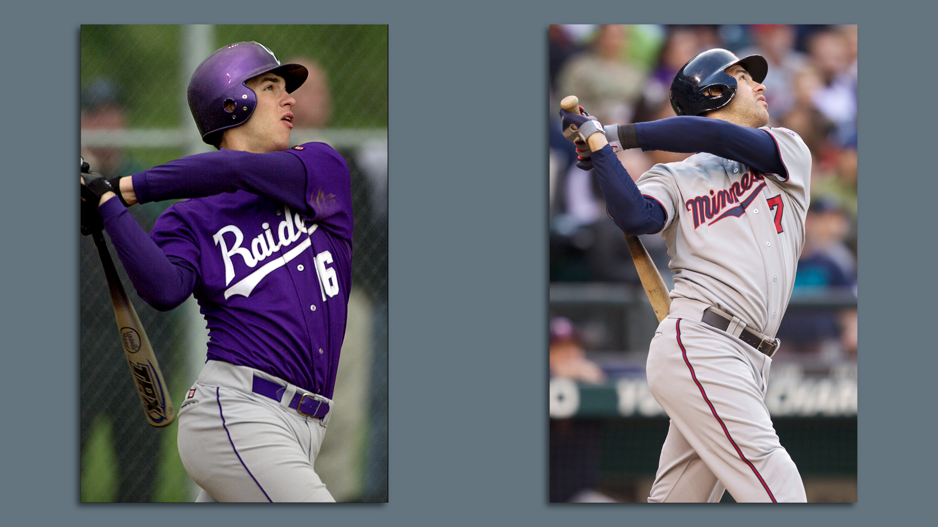 Joe Mauer hitting a baseball in a Cretin jersey on the left and hitting a baseball in a Twins jersey on the right 